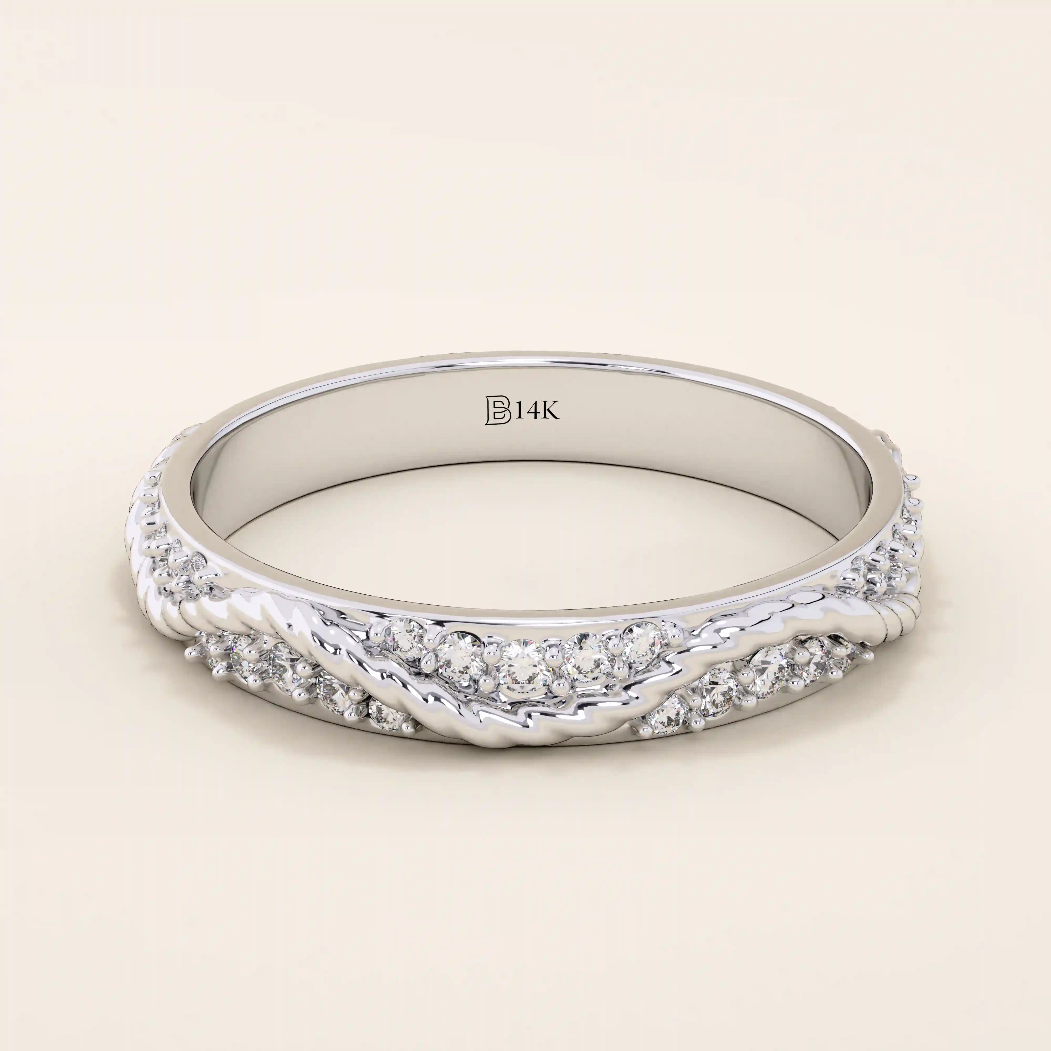 14k solid white gold twisted eternity wedding band, featuring intertwined strands adorned with round brilliant-cut moissanites in a continuous setting
