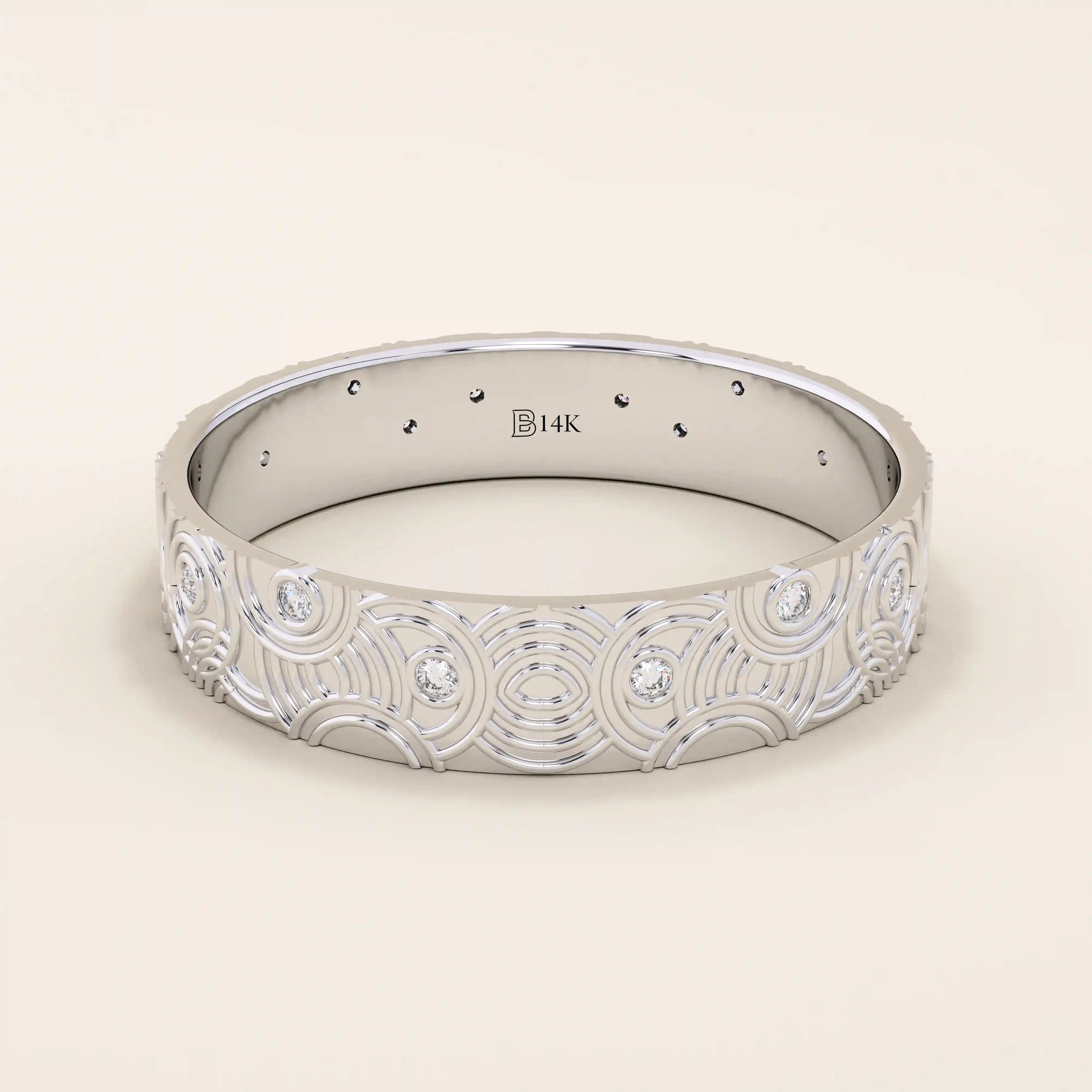 14k solid white gold wedding band featuring a detailed concentric circle motif with bezel-set round moissanites, contemporary artisan style
