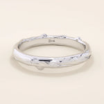 14k solid white gold wedding band featuring a realistic woodgrain texture, earthy and elegant design
