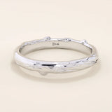 14k solid white gold wedding band featuring a realistic woodgrain texture, earthy and elegant design
