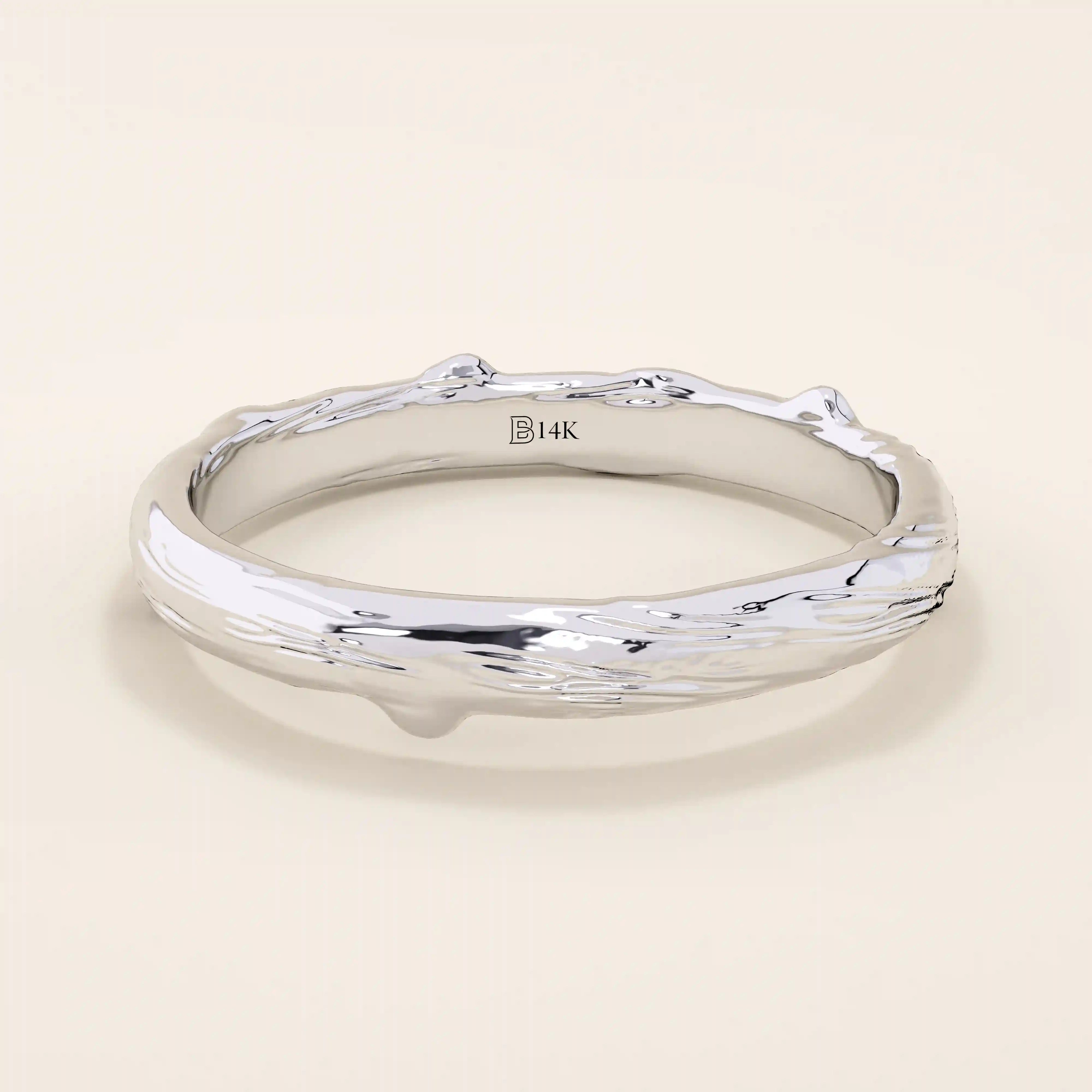 14k solid white gold wedding band featuring a realistic woodgrain texture, earthy and elegant design
