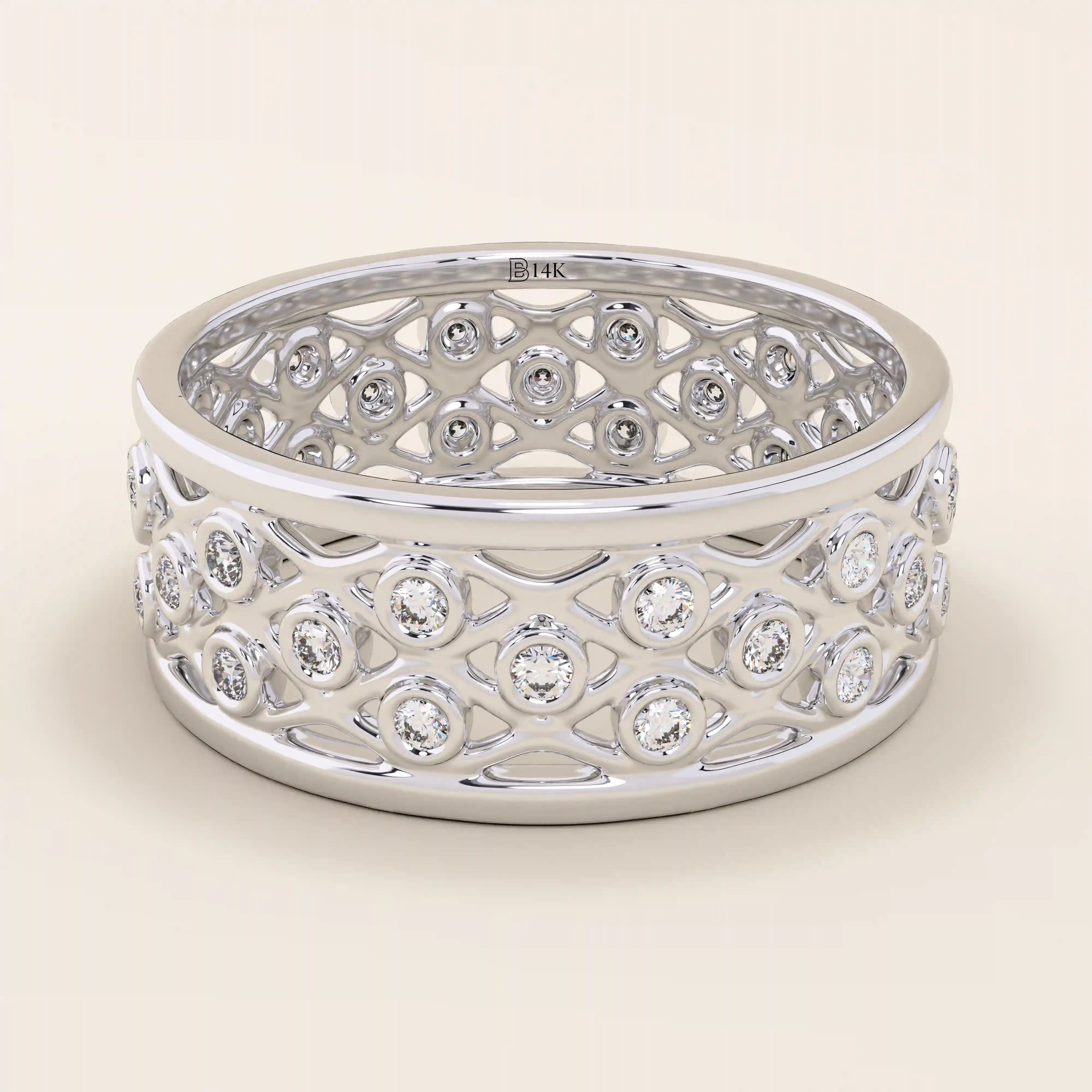 14k solid white gold wide wedding band featuring an intricate open lattice design with bezel-set moissanite stones
