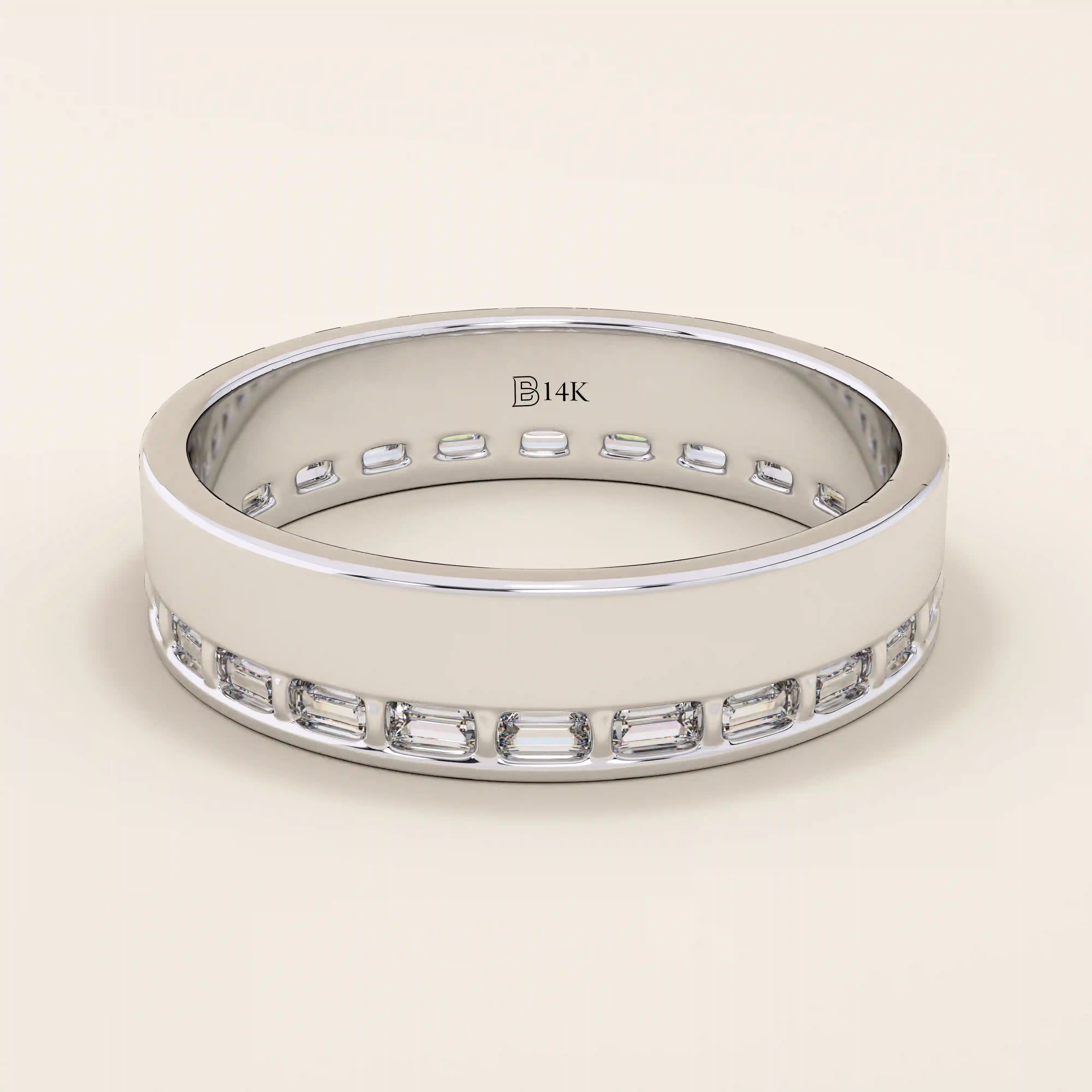 14k solid white gold wide wedding band featuring channel-set baguette moissanite stones in an eternity setting
