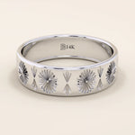 14k solid white gold wide wedding band featuring detailed engraved floral and fan designs for a vintage-inspired look

