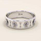 14k solid white gold wide wedding band featuring detailed engraved floral and fan designs for a vintage-inspired look

