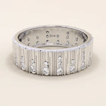 14k solid white gold wide wedding band with a wood grain texture and pavé set round brilliant cut moissanite stones in assorted sizes, contemporary and elegant statement ring
