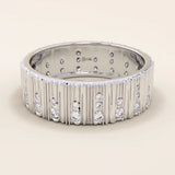 14k solid white gold wide wedding band with a wood grain texture and pavé set round brilliant cut moissanite stones in assorted sizes, contemporary and elegant statement ring
