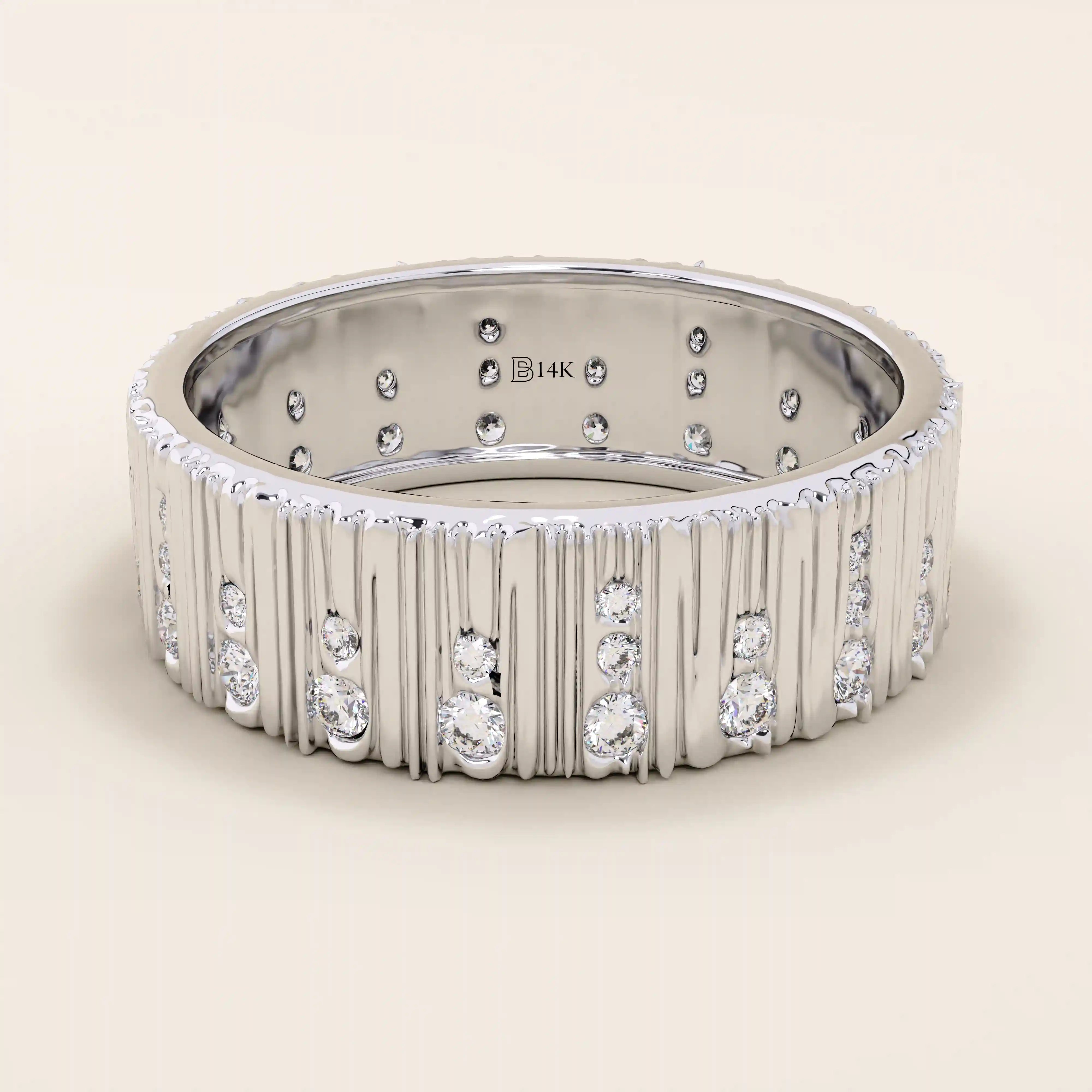 14k solid white gold wide wedding band with a wood grain texture and pavé set round brilliant cut moissanite stones in assorted sizes, contemporary and elegant statement ring

