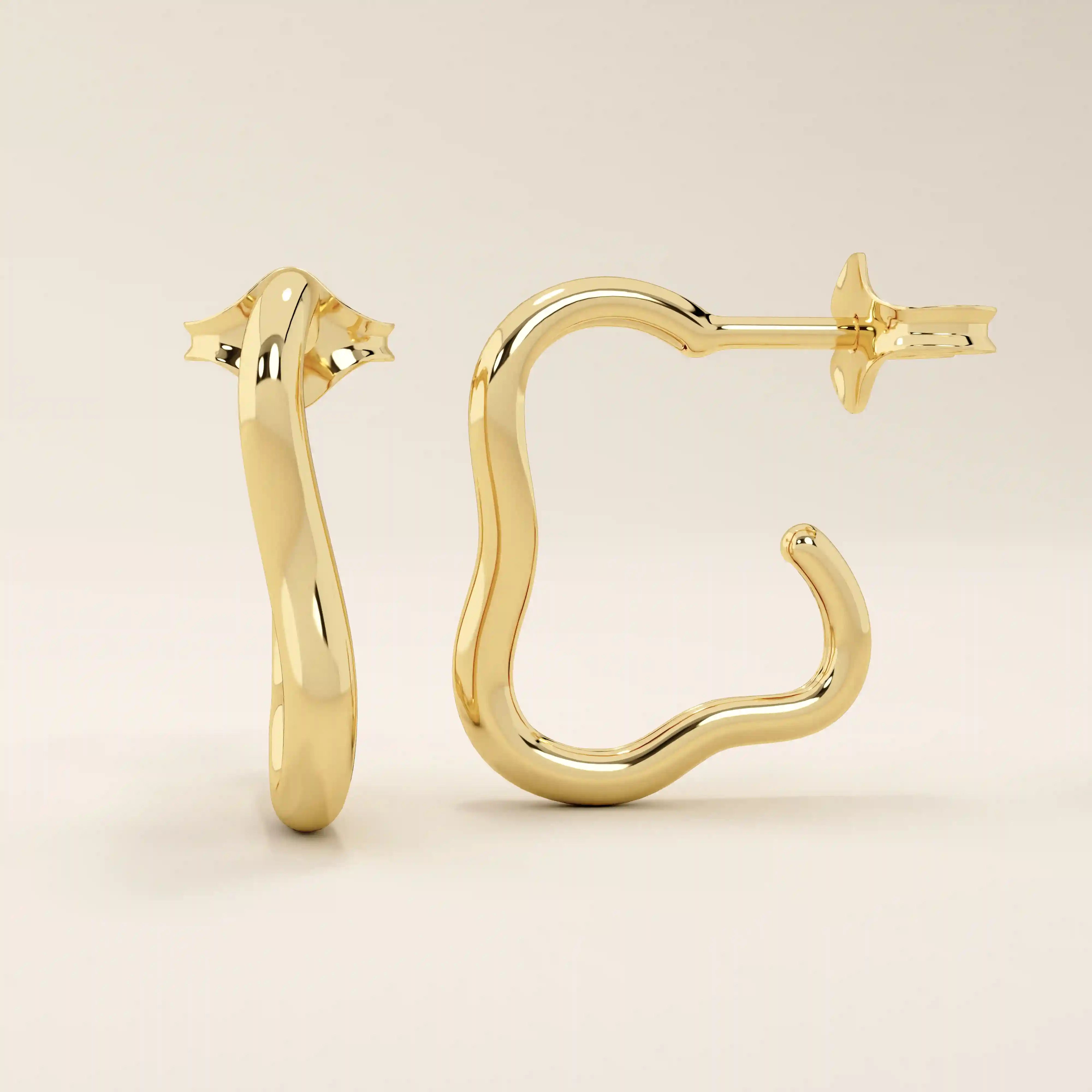 14k solid yellow gold abstract-shaped hoop stud earrings with a smooth, high-polish finish and fluid, sculptural curves.
