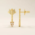 14k solid yellow gold arrow-shaped stud earrings, featuring intricate fletching details and a pointed tip set with round white moissanite stones.
