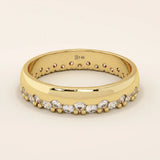 14k solid yellow gold band featuring round brilliant cut moissanite stones in a single row with polished bead accents, elegant fine jewelry for weddings or special occasions
