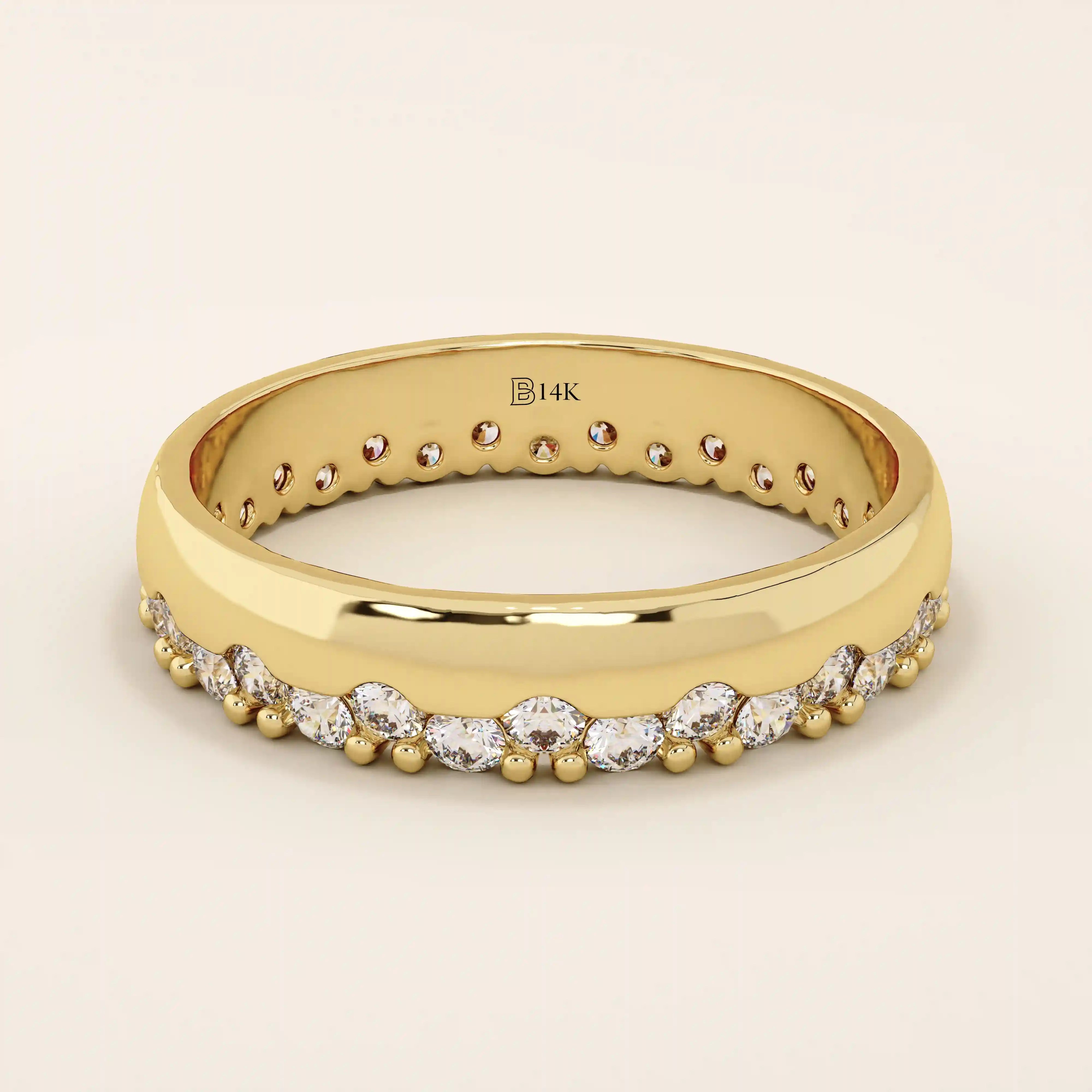 14k solid yellow gold band featuring round brilliant cut moissanite stones in a single row with polished bead accents, elegant fine jewelry for weddings or special occasions
