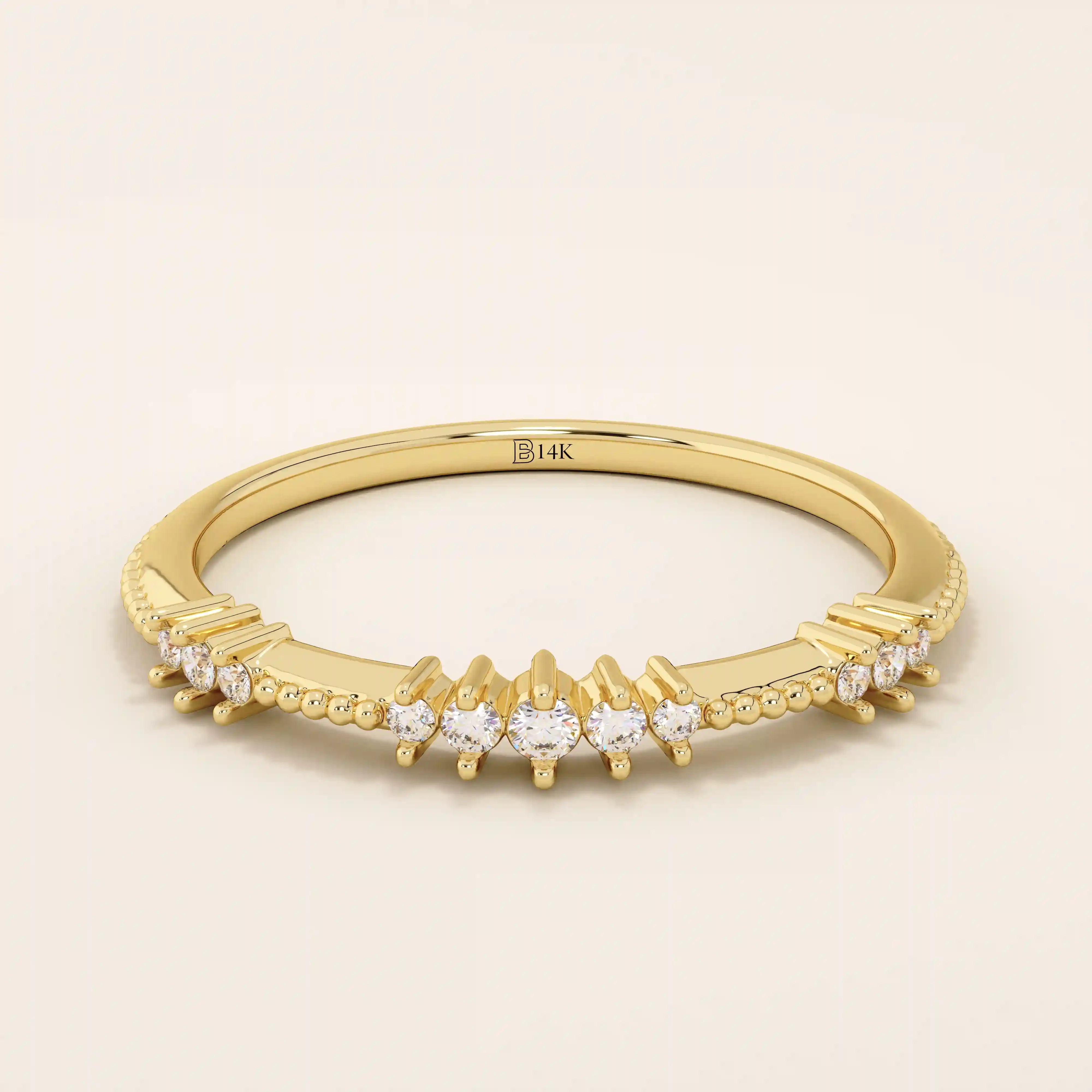 14k solid yellow gold band featuring round brilliant cut moissanite stones in alternating prong and bead settings, delicate fine jewelry ring for weddings or stacking
