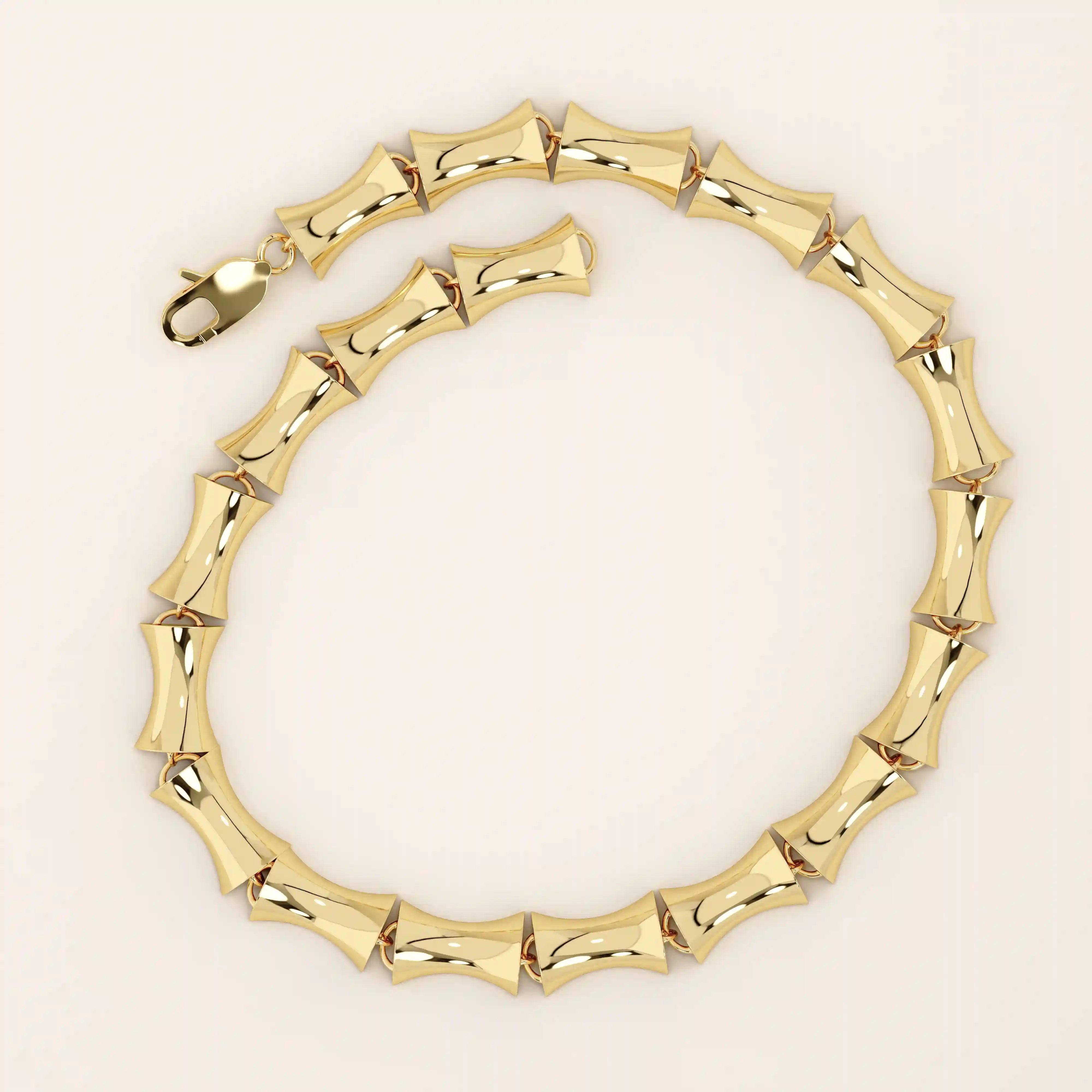 14k solid yellow gold bone bracelet featuring thick, bold links with a polished curved design.
