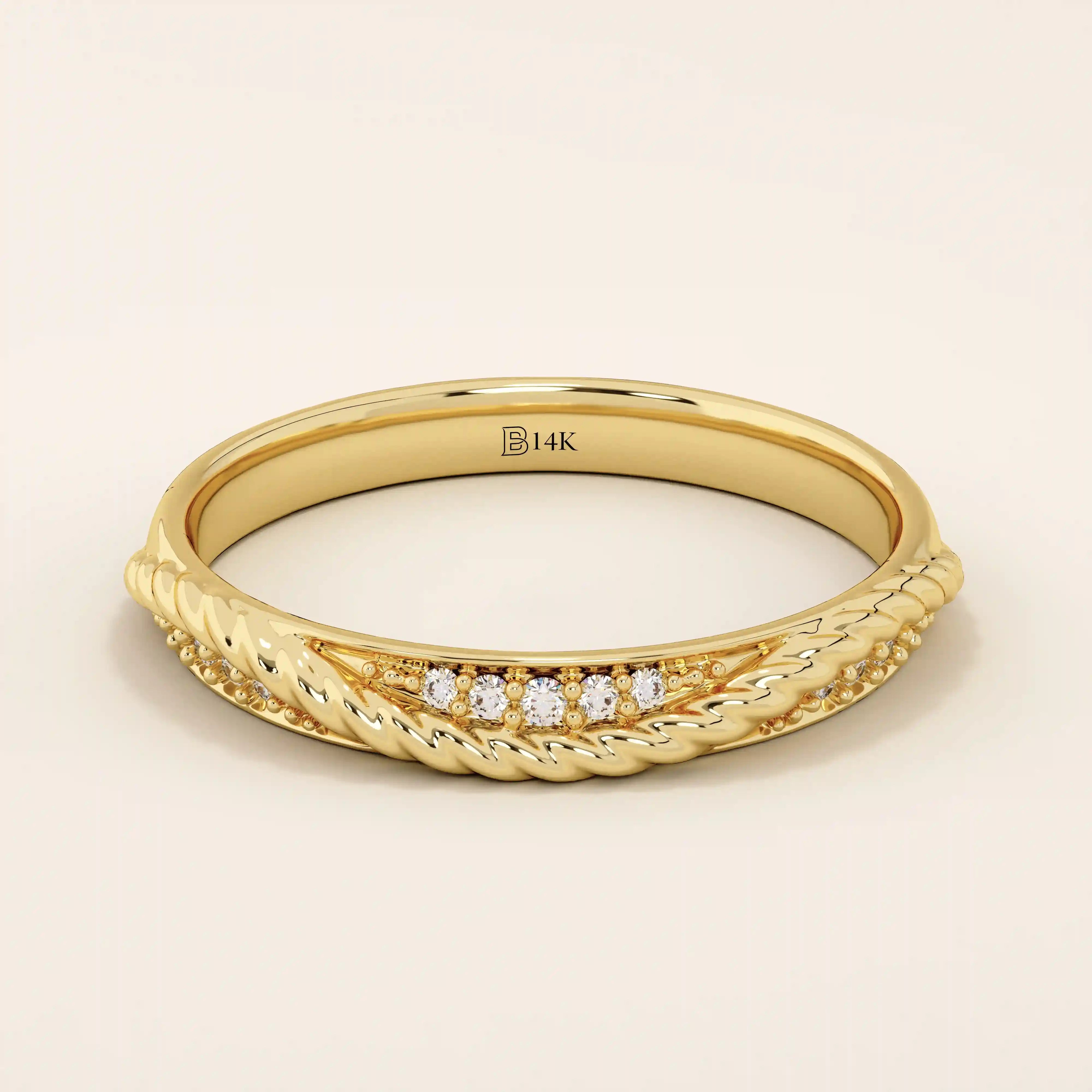14k solid yellow gold braided wedding band with a row of round brilliant diamonds, delicate and elegant design for everyday wear or special occasions
