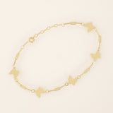 14k solid yellow gold butterfly chain bracelet featuring polished butterfly charms linked with delicate rectangular chain links.
