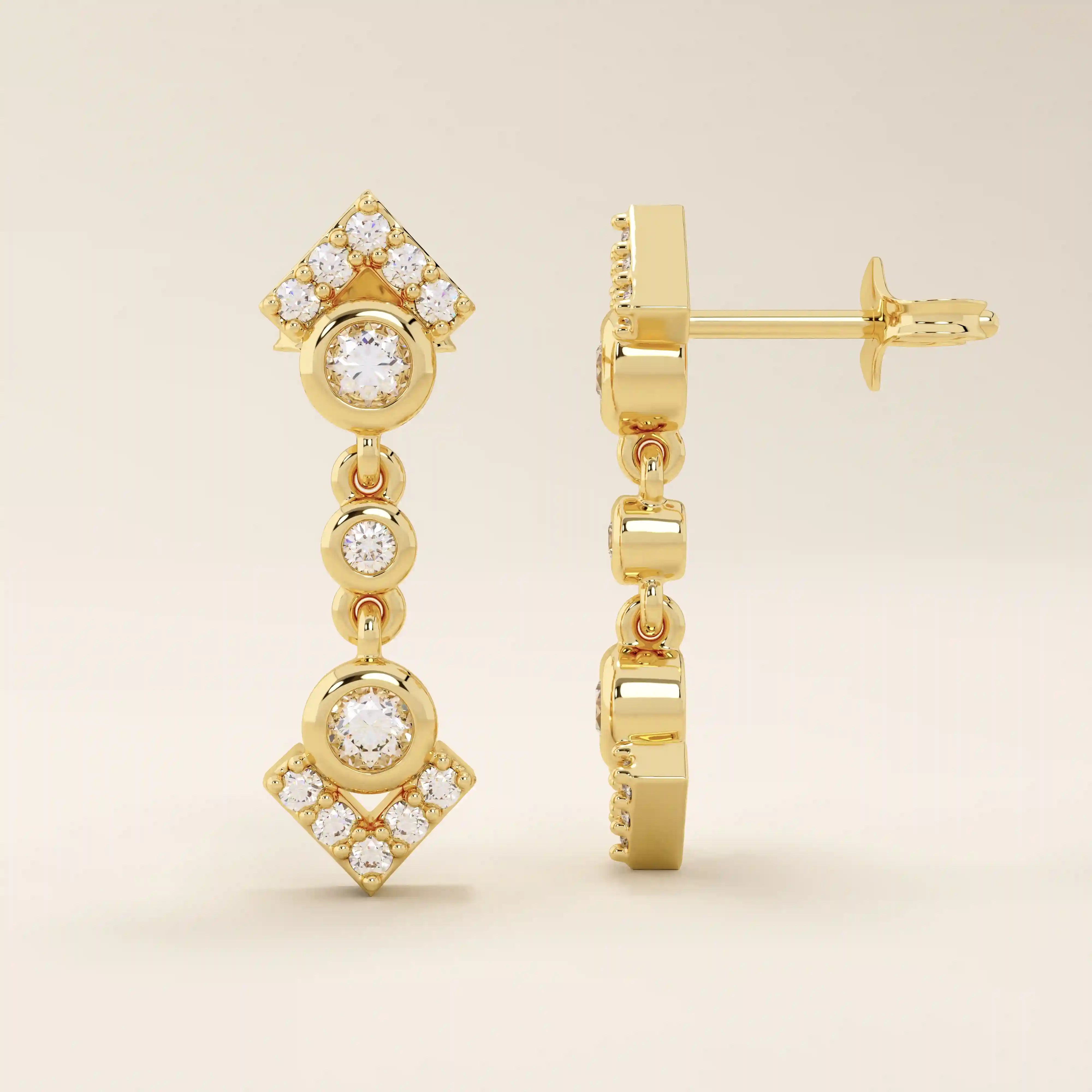 14k solid yellow gold dangling arrow stud earrings featuring bezel-set round moissanites and pavé arrowhead details.
