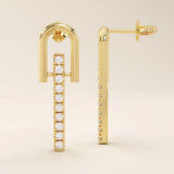 14k solid yellow gold dangling bar stud earrings with a U-shaped top and vertical row of round-cut moissanite stones in a prong setting.
