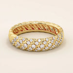 14k solid yellow gold dome band featuring rows of pavé set round brilliant cut moissanite stones, luxurious fine jewelry for weddings or special occasions
