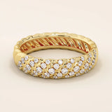 14k solid yellow gold dome band featuring rows of pavé set round brilliant cut moissanite stones, luxurious fine jewelry for weddings or special occasions
