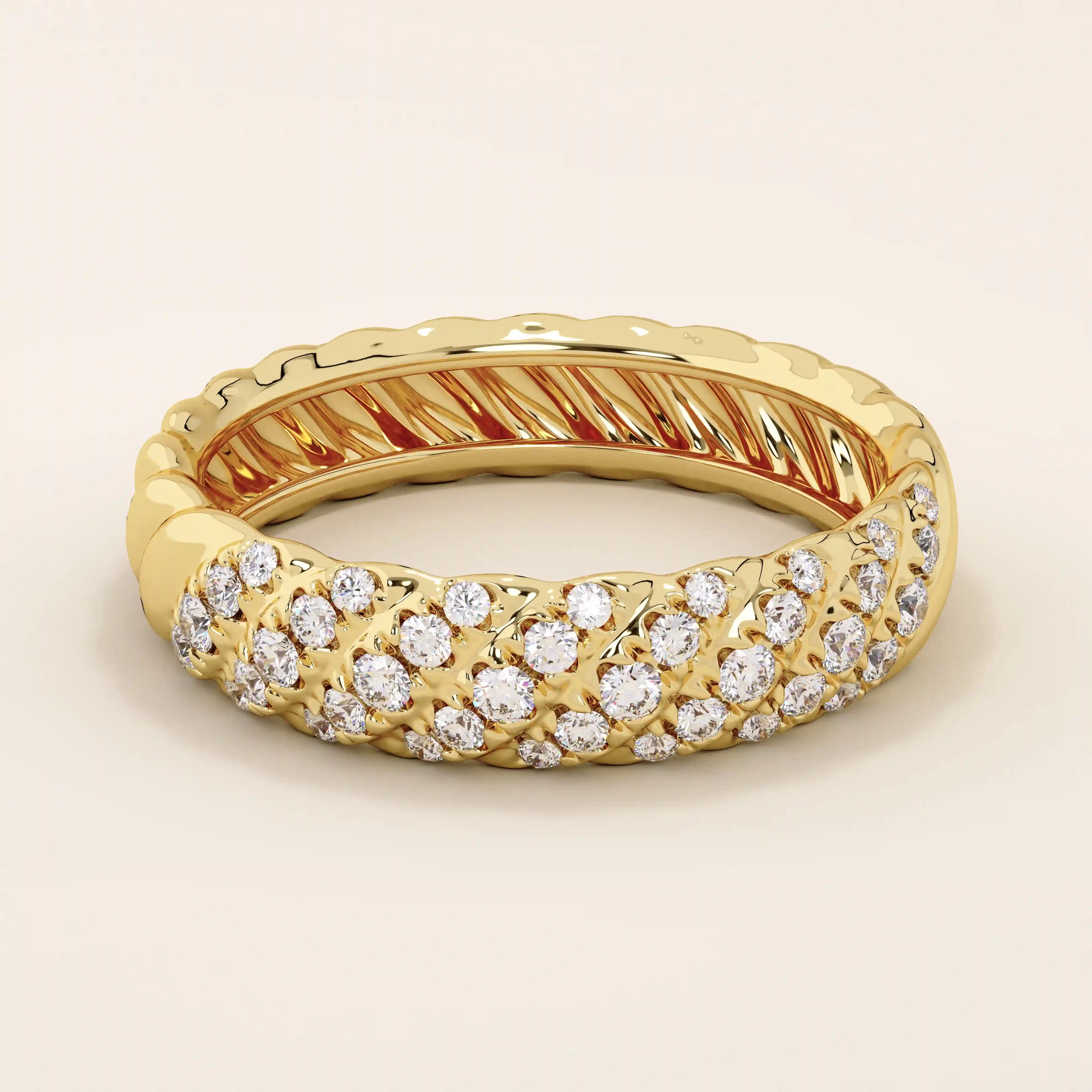 14k solid yellow gold dome band featuring rows of pavé set round brilliant cut moissanite stones, luxurious fine jewelry for weddings or special occasions
