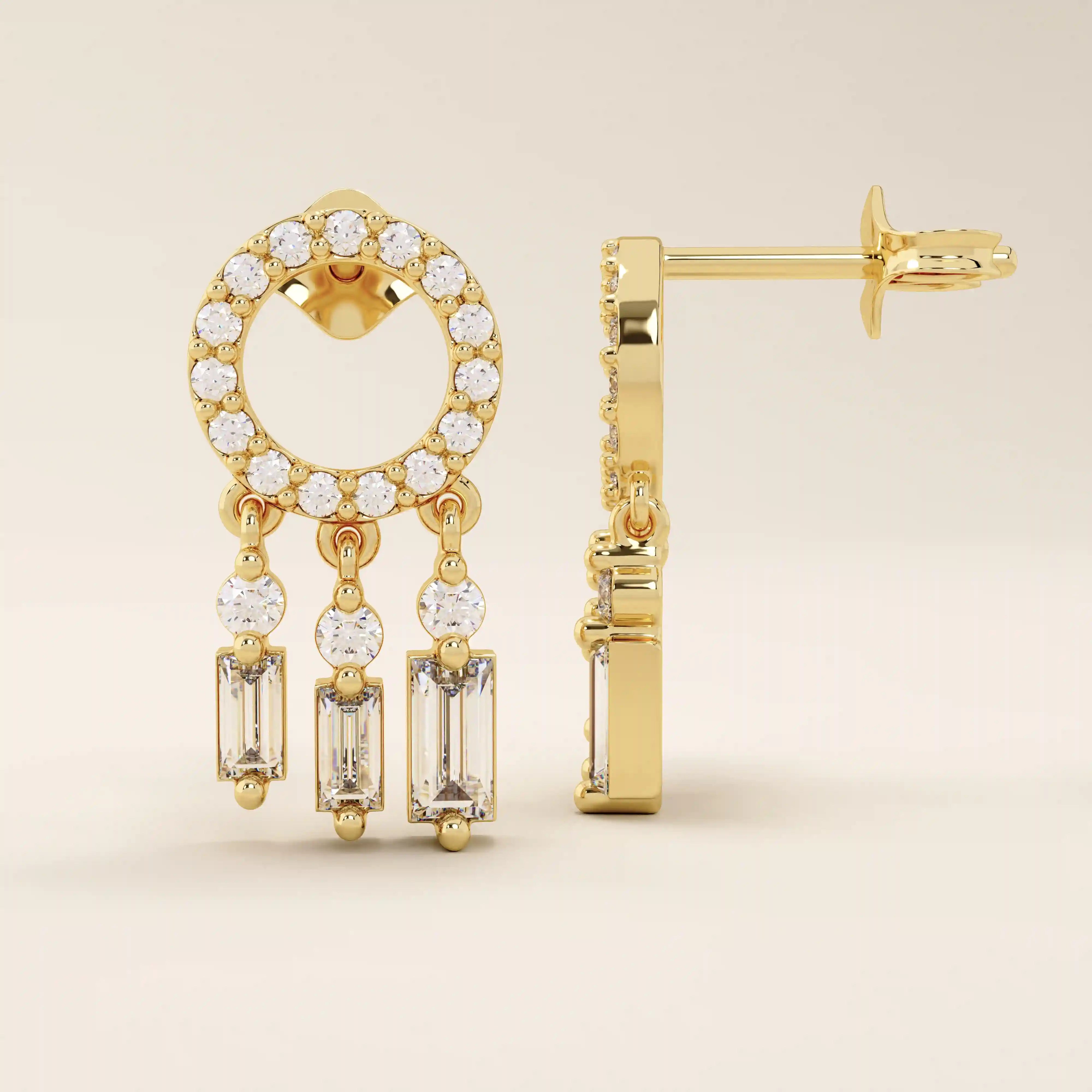 14k solid yellow gold dreamcatcher-inspired stud earrings with a pavé-set circular top and three dangling mixed-cut moissanite drops.
