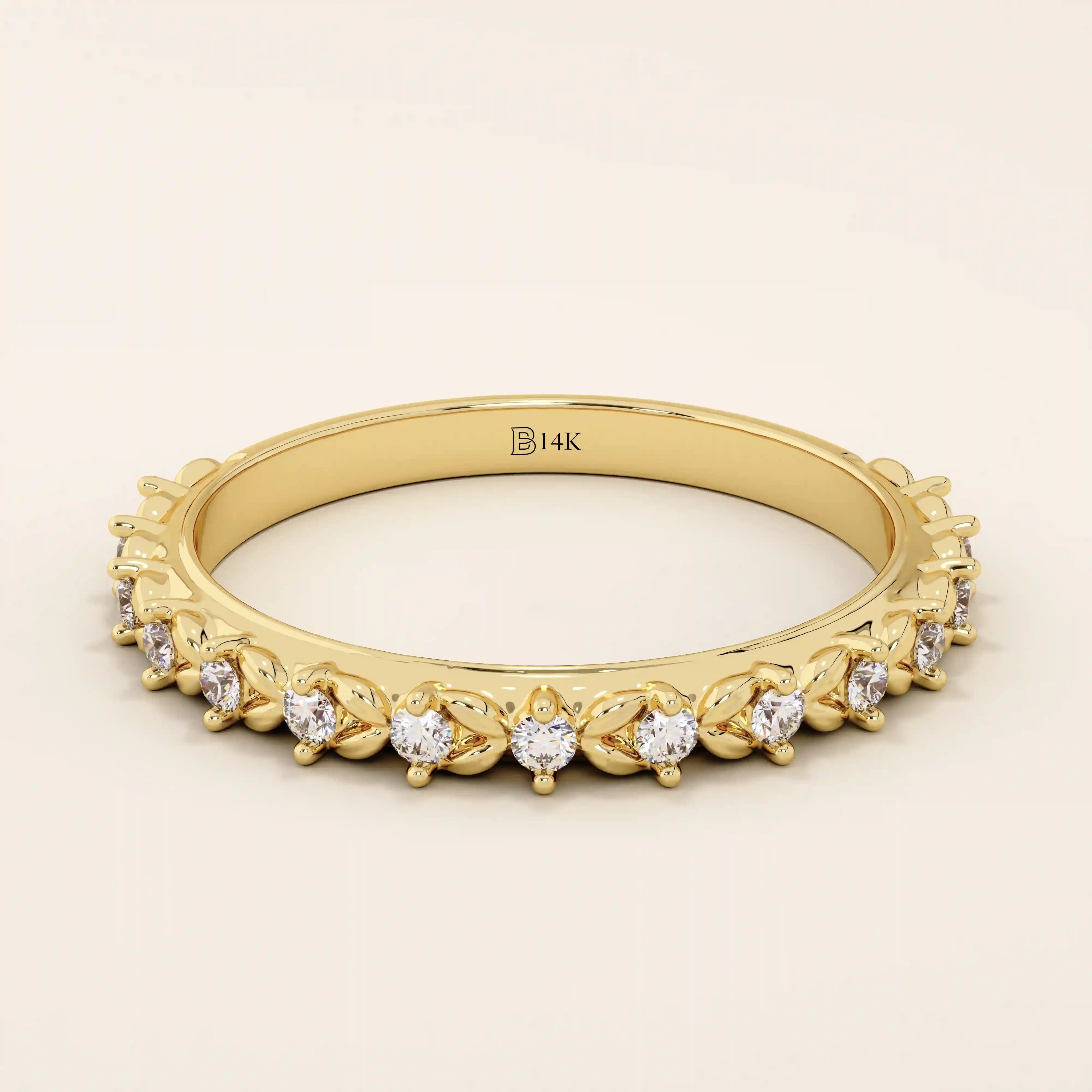 14k solid yellow gold eternity band featuring round brilliant cut moissanite stones in a delicate leaf-inspired prong setting, elegant stacking ring for wedding or anniversary