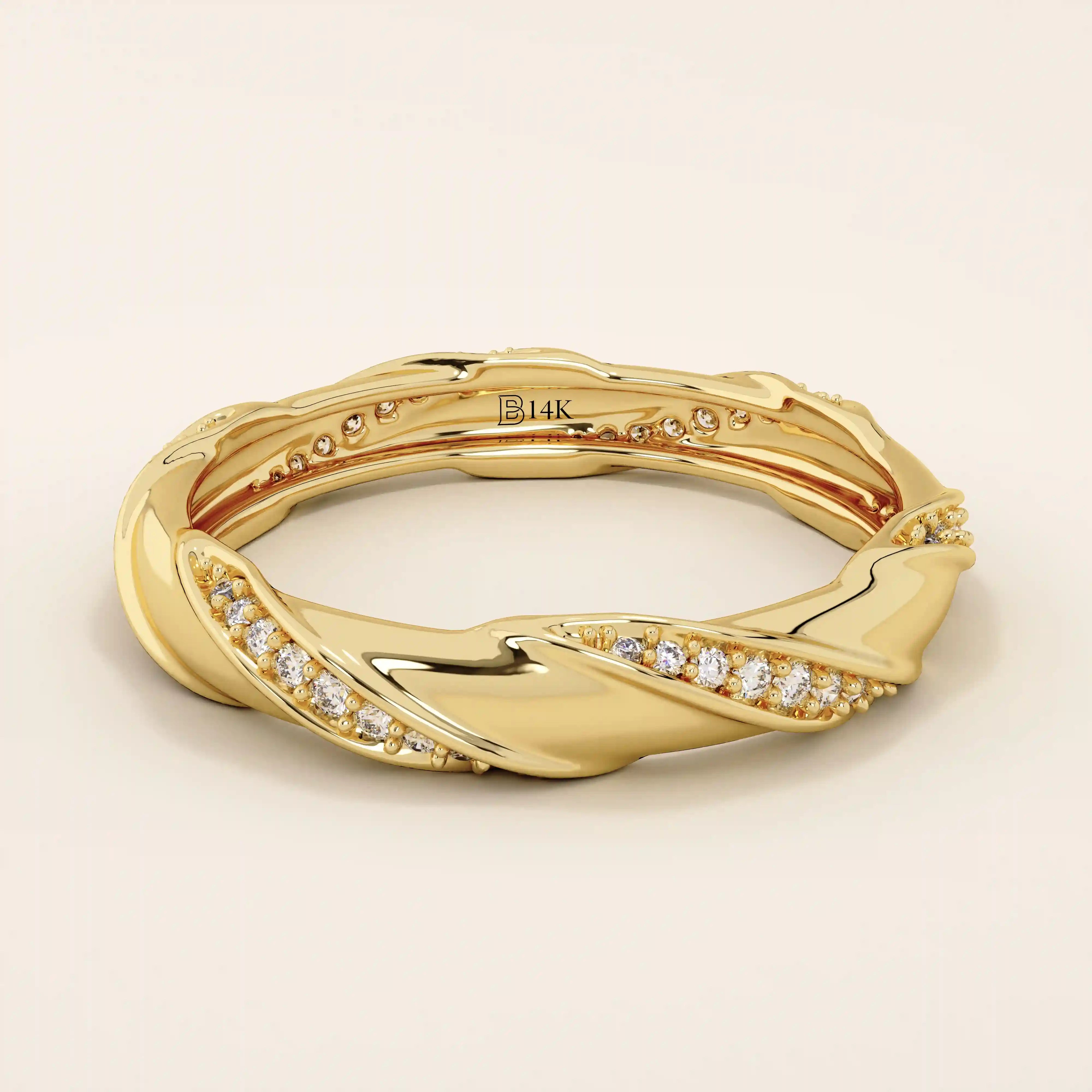 14k solid yellow gold eternity wedding band with a sculpted twist design, featuring rows of round brilliant-cut moissanites set all around
