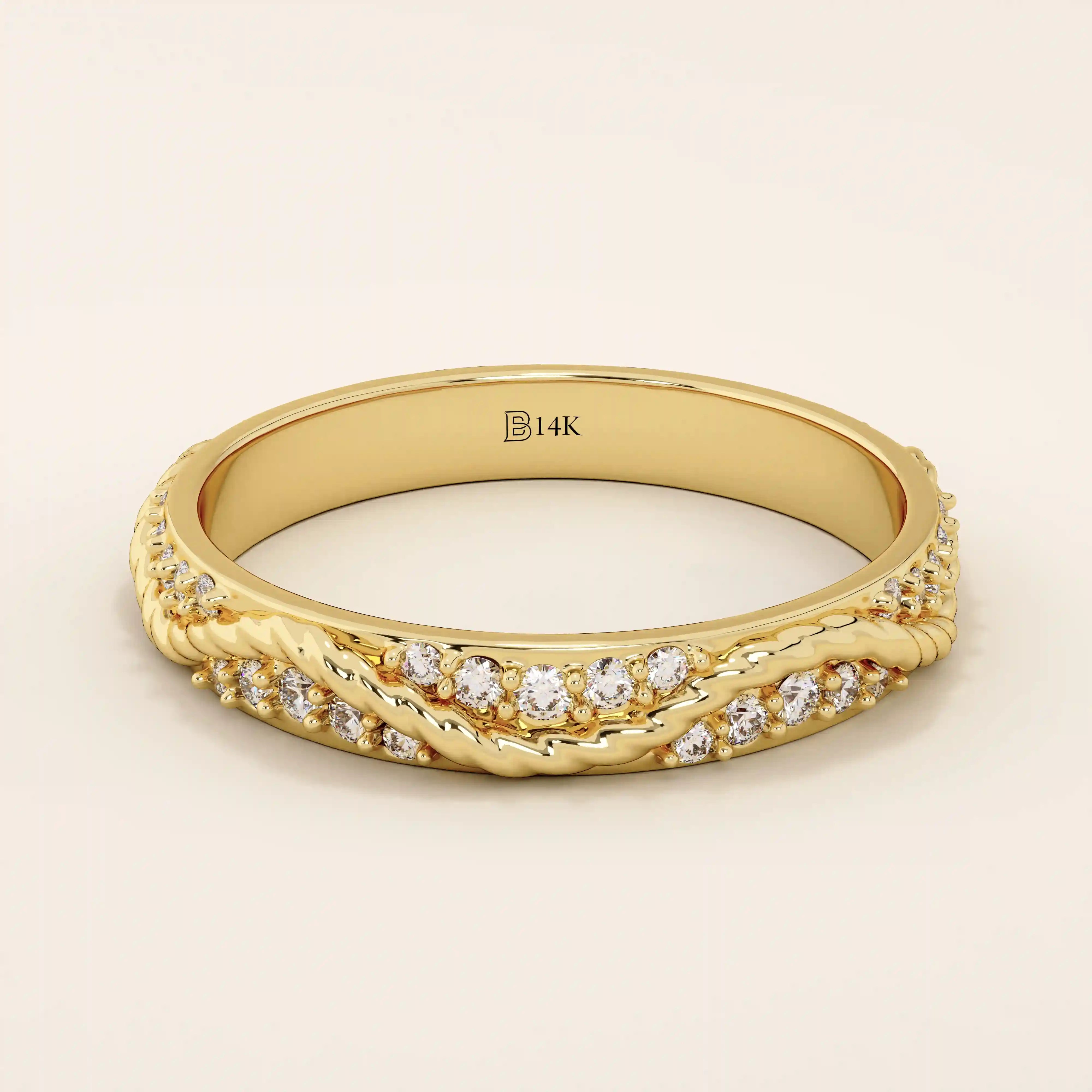 14k solid yellow gold eternity wedding band with intertwined twist design, set with round brilliant-cut moissanites all around
