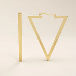 14k solid yellow gold geometric hoop earrings in a bold open triangle shape, featuring sleek, polished edges and a minimalist modern design.
