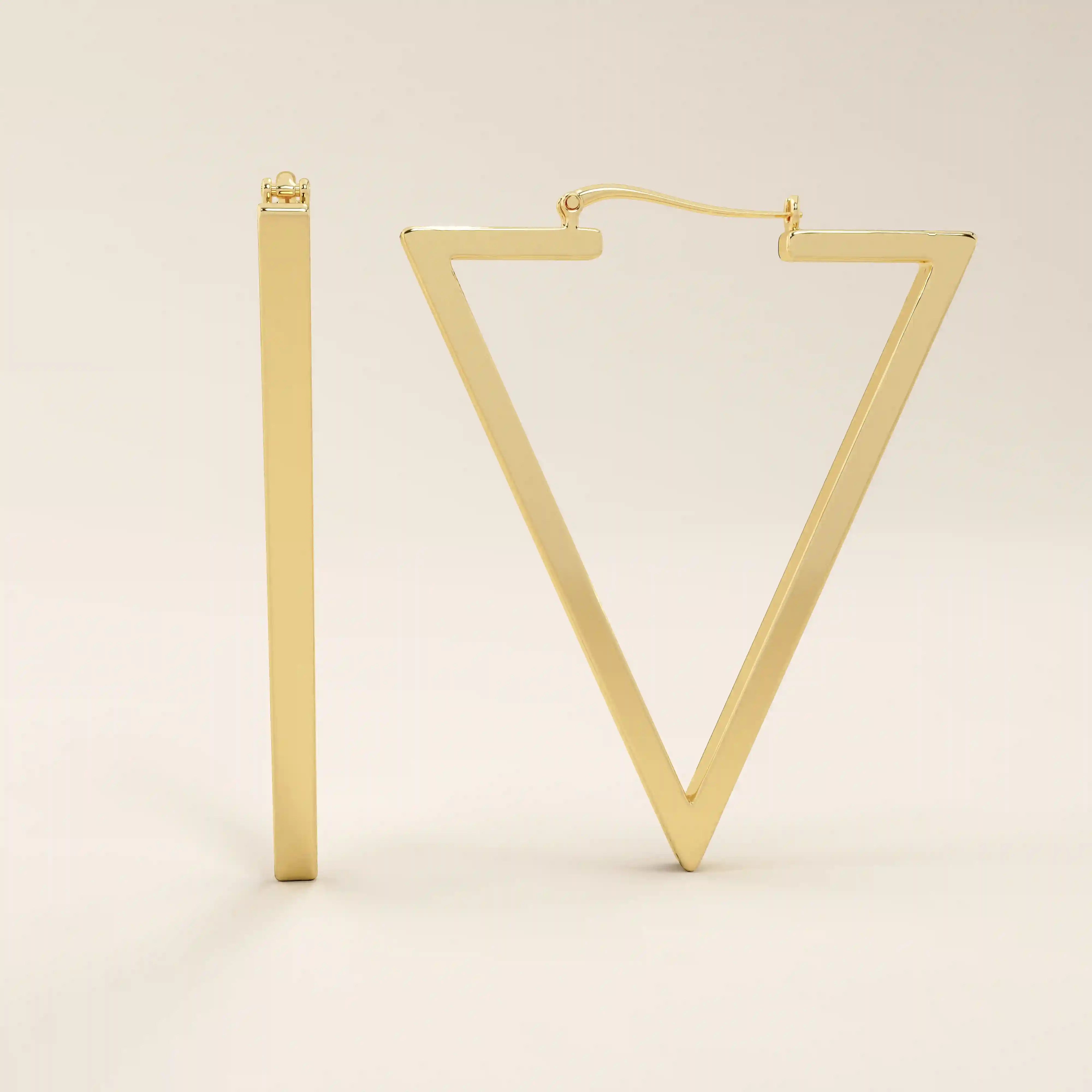 14k solid yellow gold geometric hoop earrings in a bold open triangle shape, featuring sleek, polished edges and a minimalist modern design.
