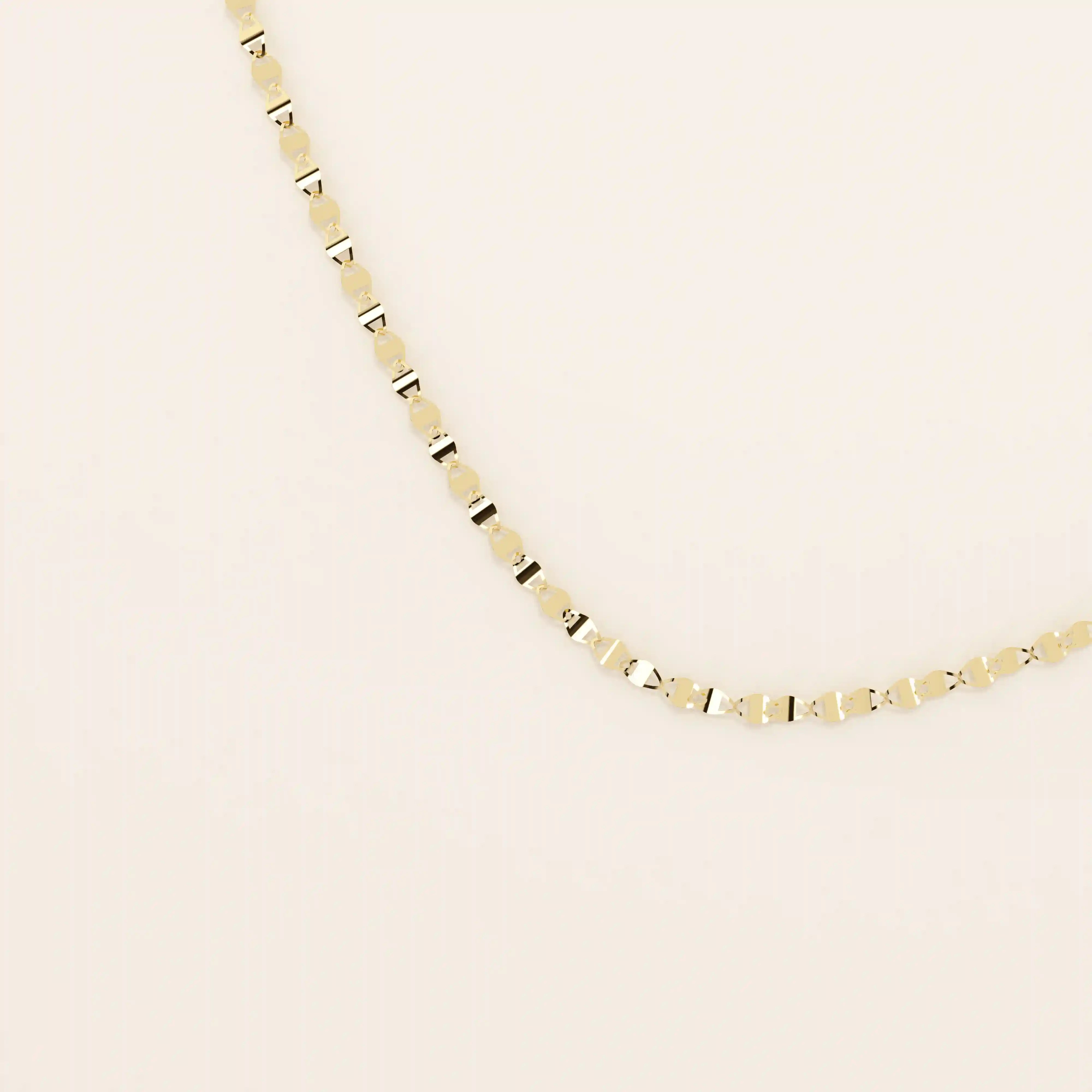 14k solid yellow gold mariner chain necklace featuring flat, polished interlocking links with signature bar accents, offering a classic yet refined nautical-inspired design.
