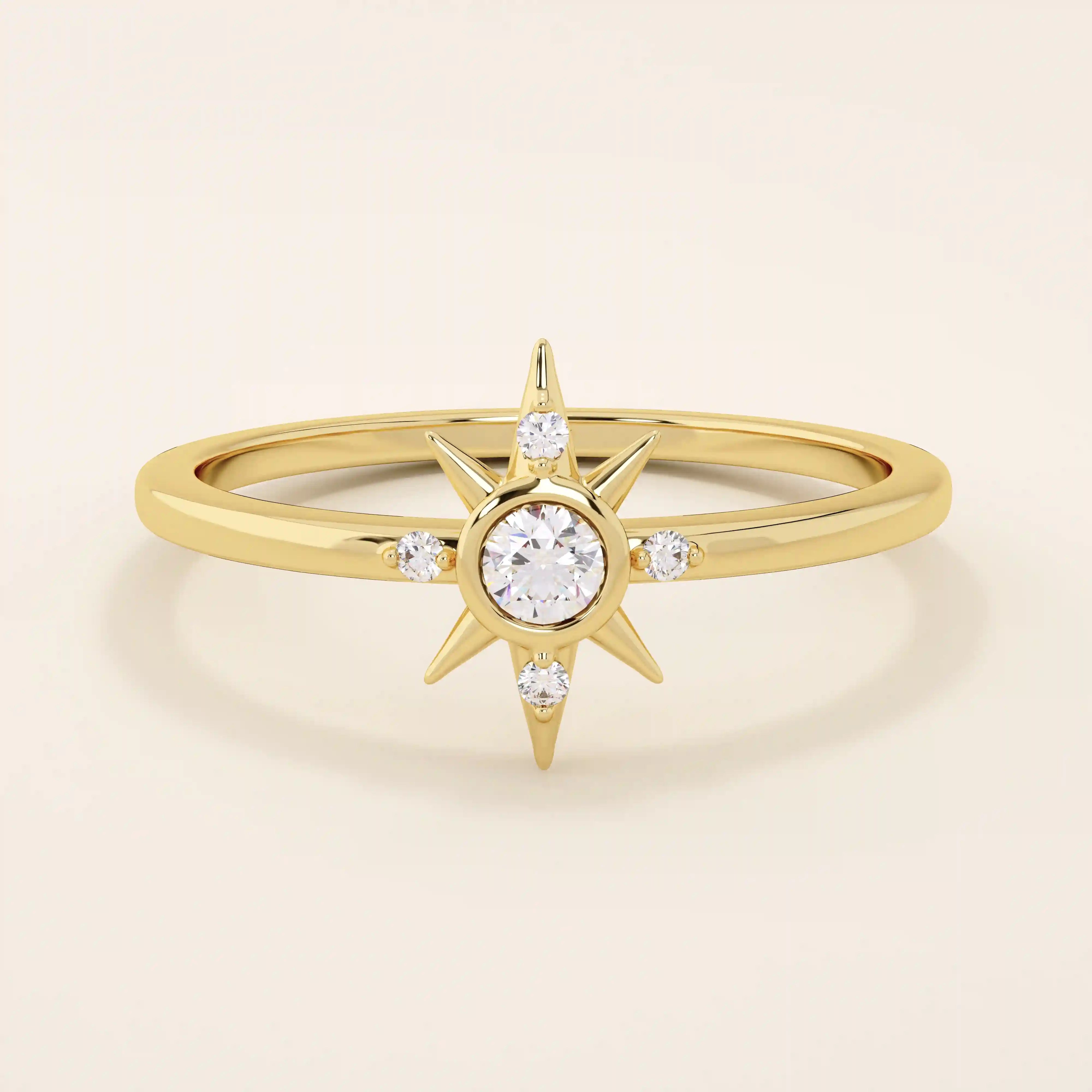 14k solid yellow gold ring with a starburst design, featuring a round moissanite center stone accented by four smaller moissanites.
