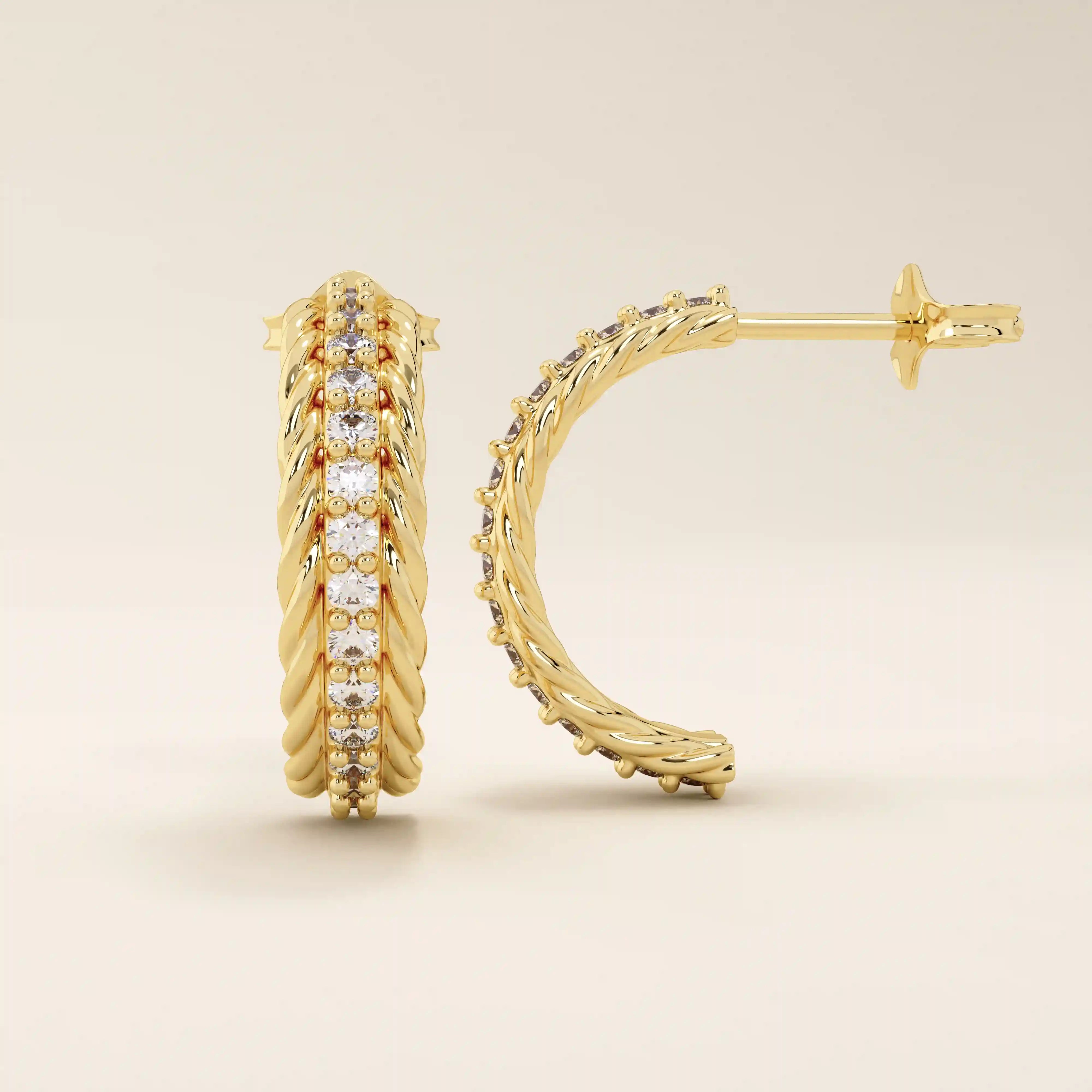 14k solid yellow gold rope-textured half hoop studs adorned with a central row of sparkling white moissanite stones in a pavé setting, combining timeless elegance with modern texture.

