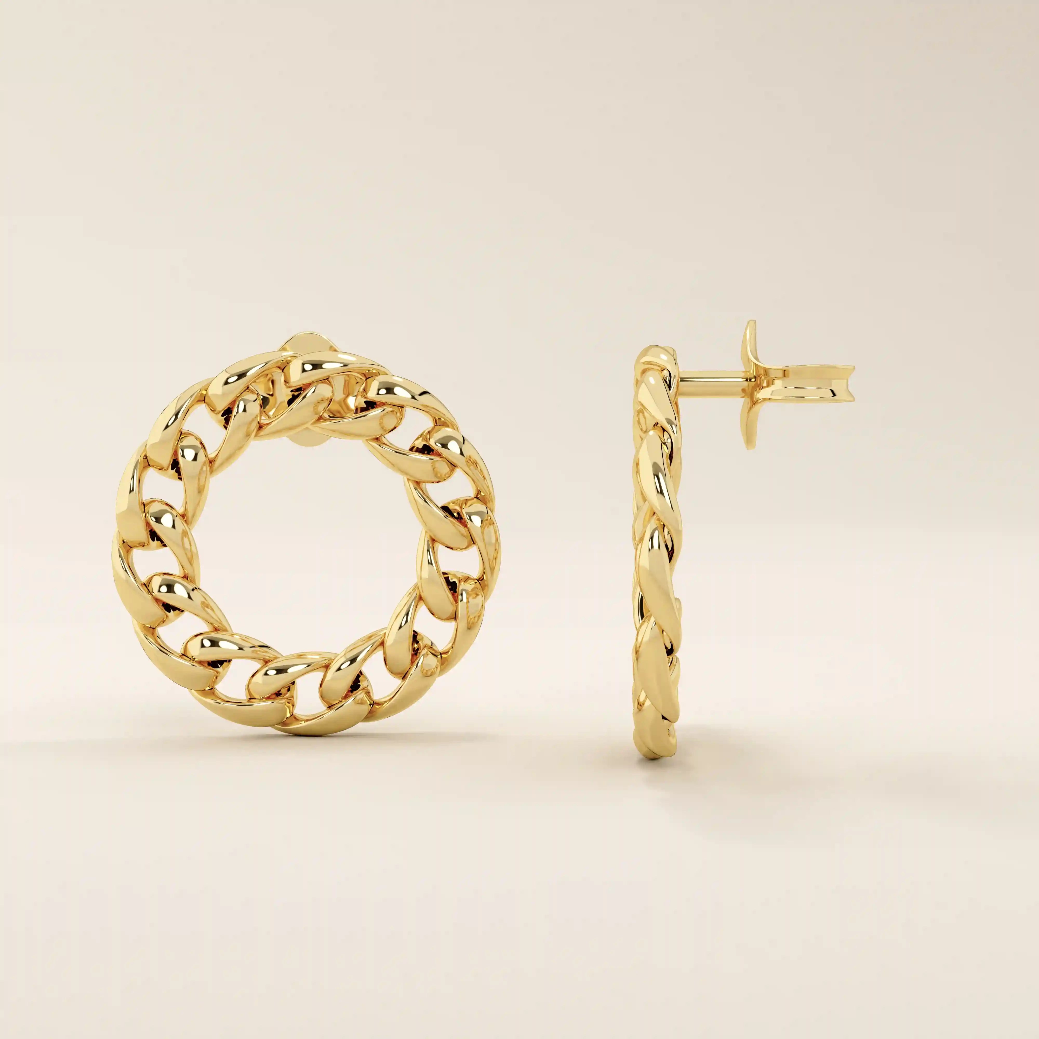 14k solid yellow gold round stud earrings crafted from interlocking curb chain links, forming a bold circular silhouette with a polished finish.
