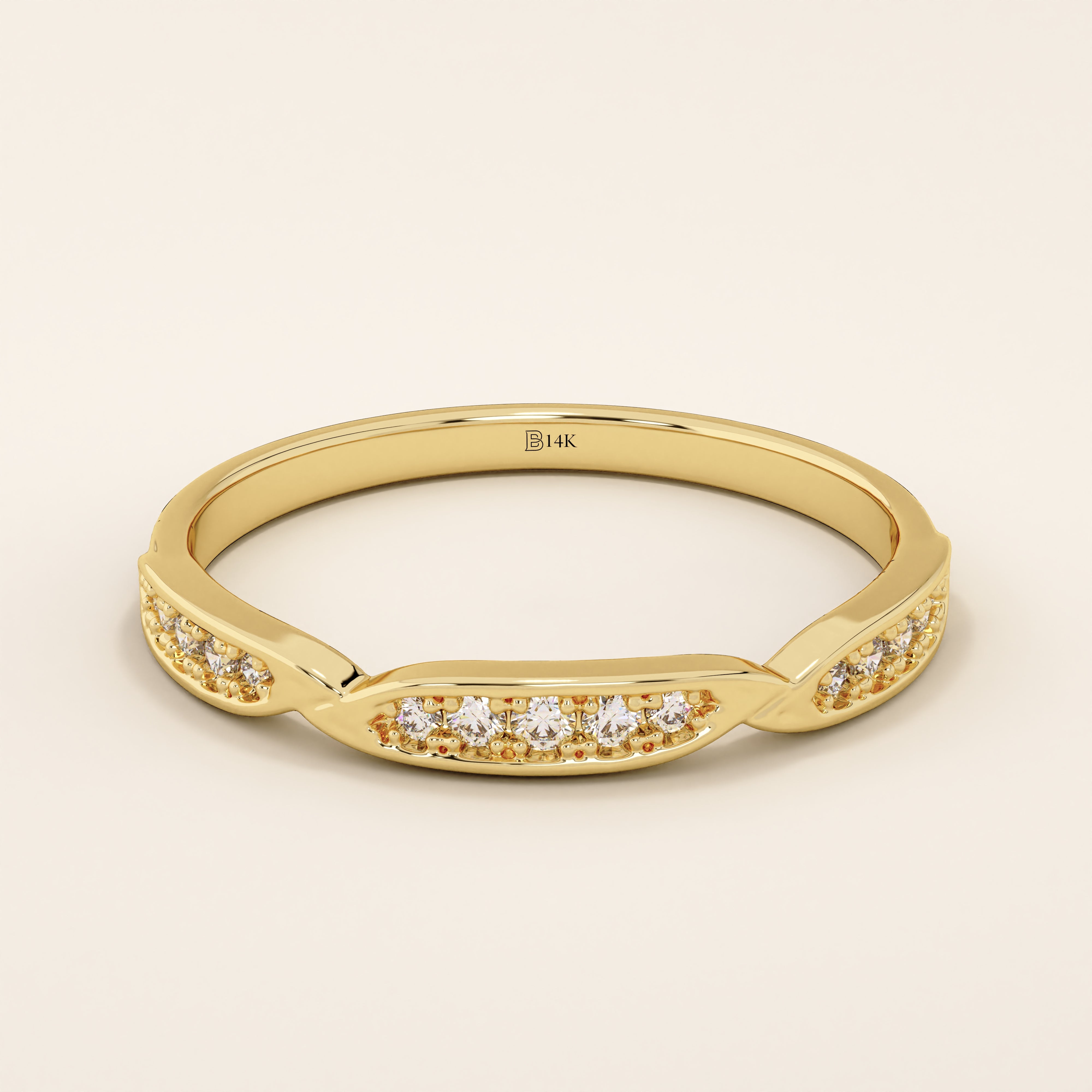 14k solid yellow gold stacking ring with three marquise-shaped sections set with sparkling round brilliant cut moissanite stones, minimalist fine jewelry band for everyday wear or wedding stack