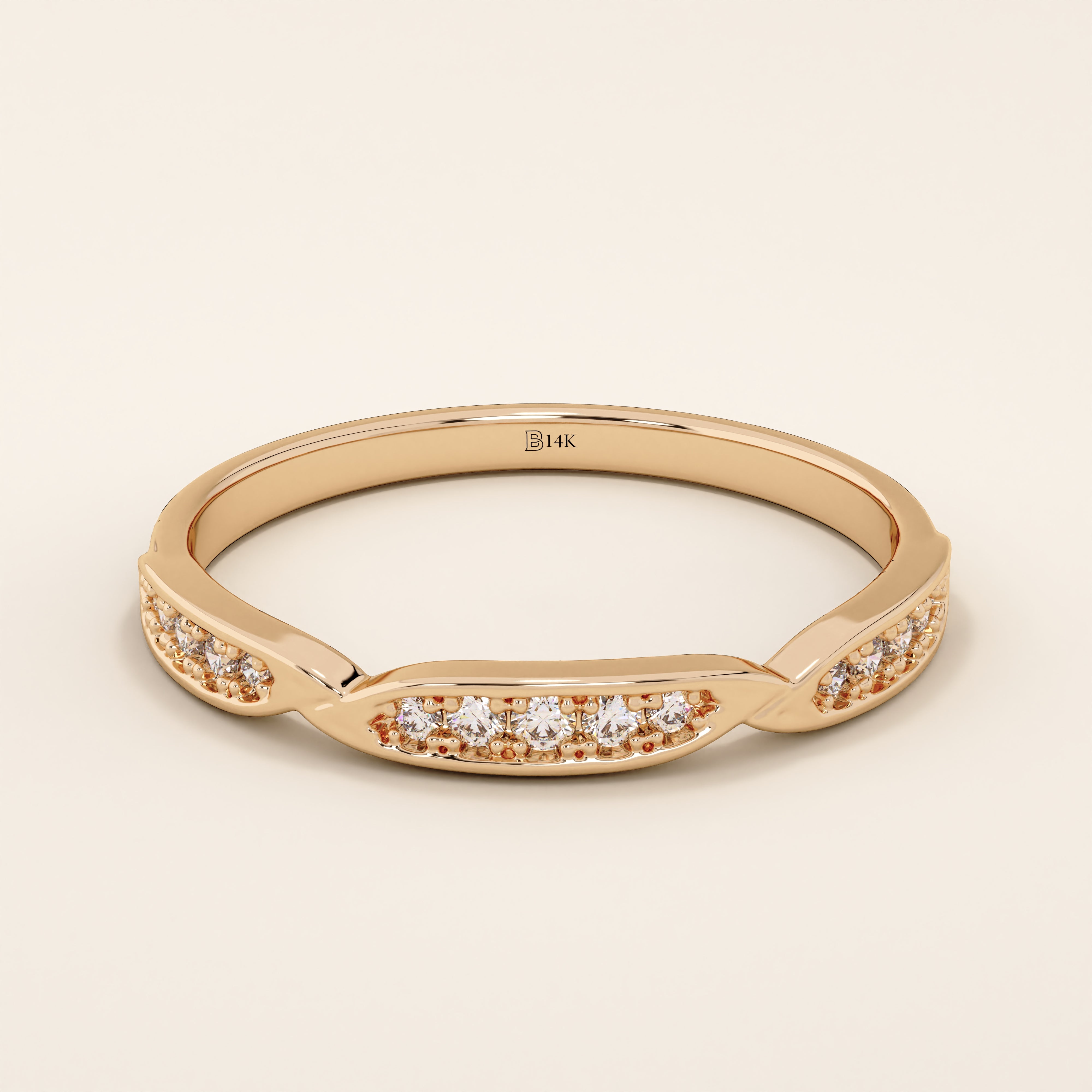 14k solid yellow gold stacking ring with three marquise-shaped sections set with sparkling round brilliant cut moissanite stones, minimalist fine jewelry band for everyday wear or wedding stack