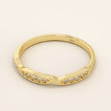 14k solid yellow gold stacking ring with three marquise-shaped sections set with sparkling round brilliant cut moissanite stones, minimalist fine jewelry band for everyday wear or wedding stack