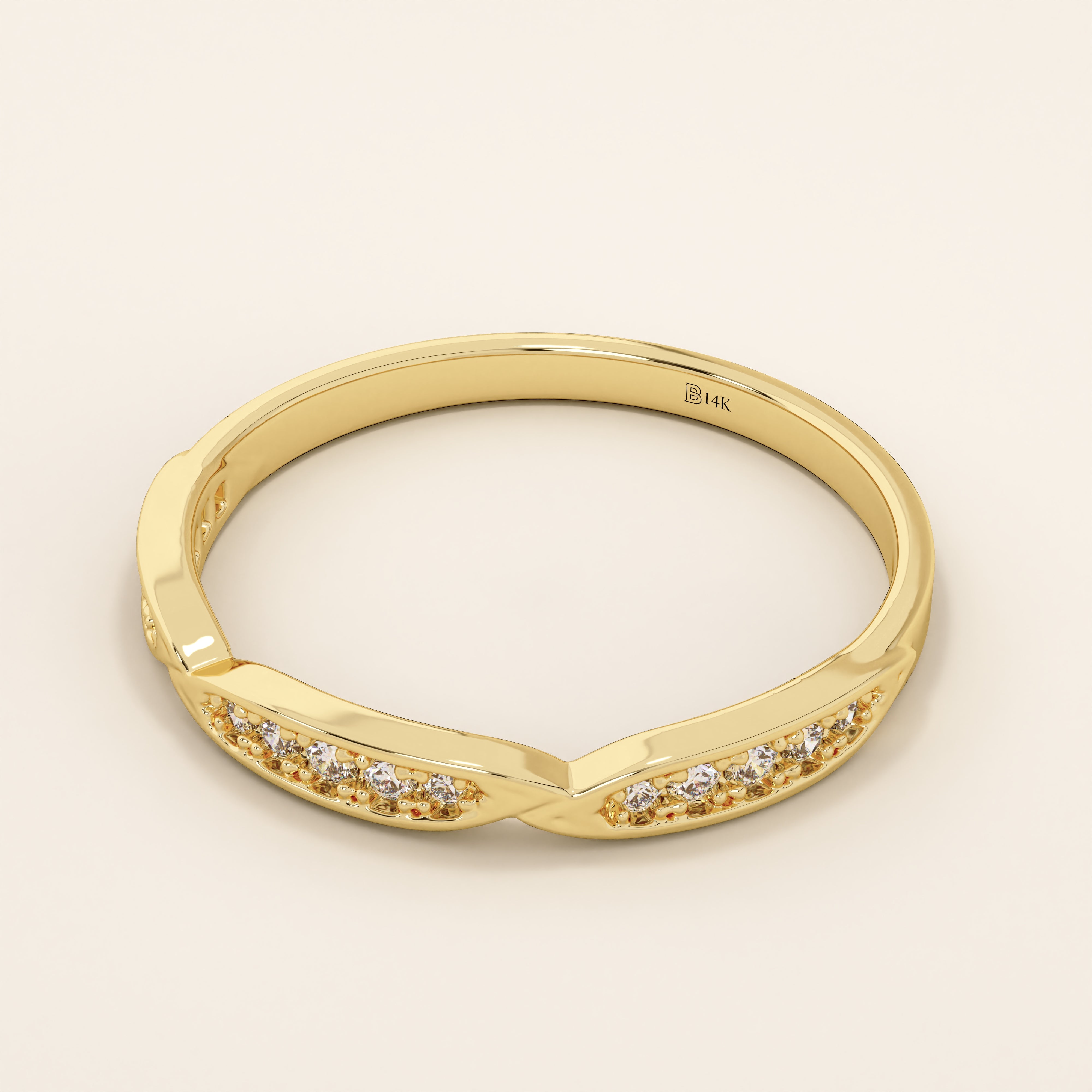 14k solid yellow gold stacking ring with three marquise-shaped sections set with sparkling round brilliant cut moissanite stones, minimalist fine jewelry band for everyday wear or wedding stack