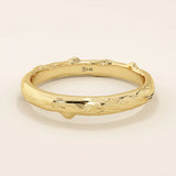 14k solid yellow gold wedding band with a natural woodgrain-inspired texture, organic and nature-themed design

