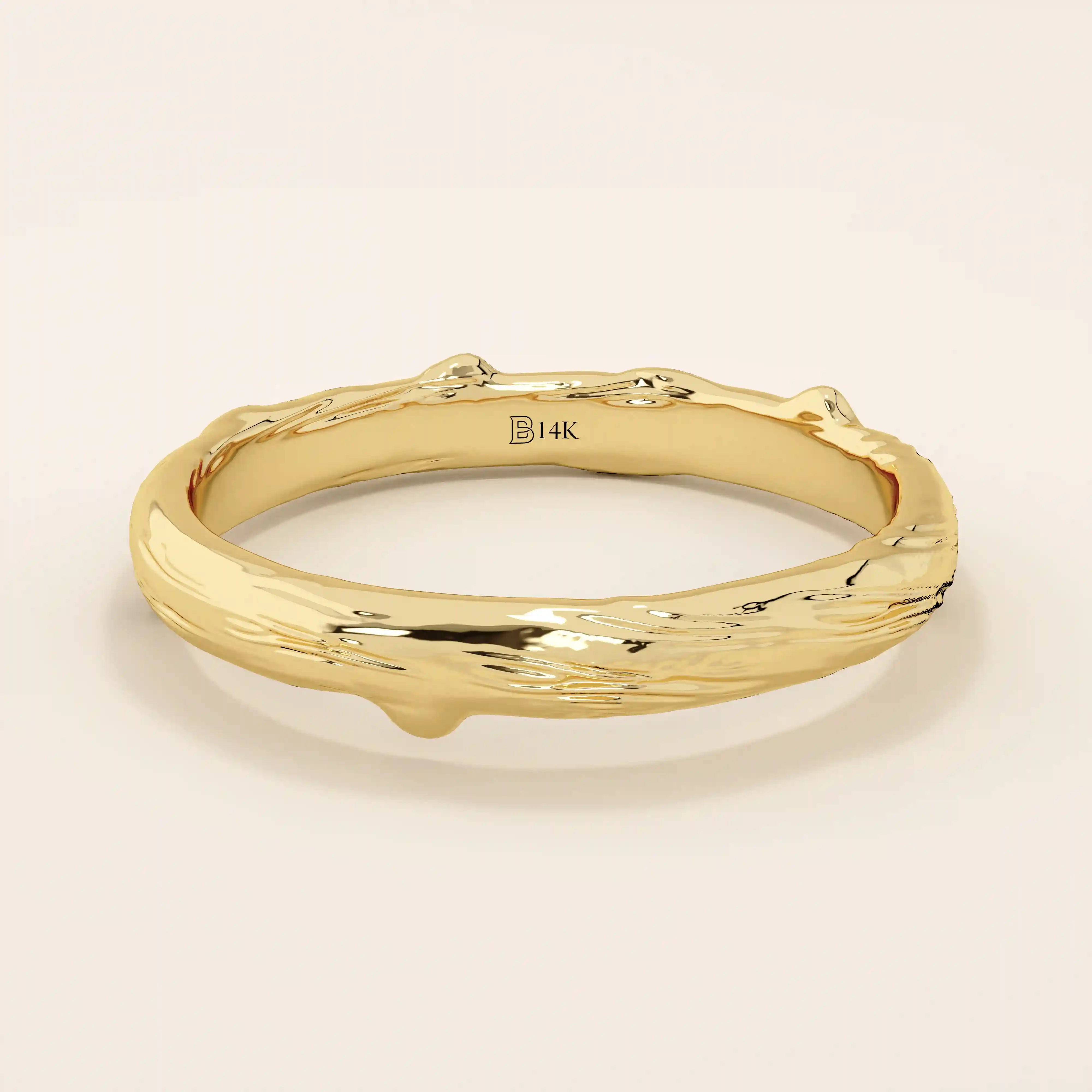 14k solid yellow gold wedding band with a natural woodgrain-inspired texture, organic and nature-themed design

