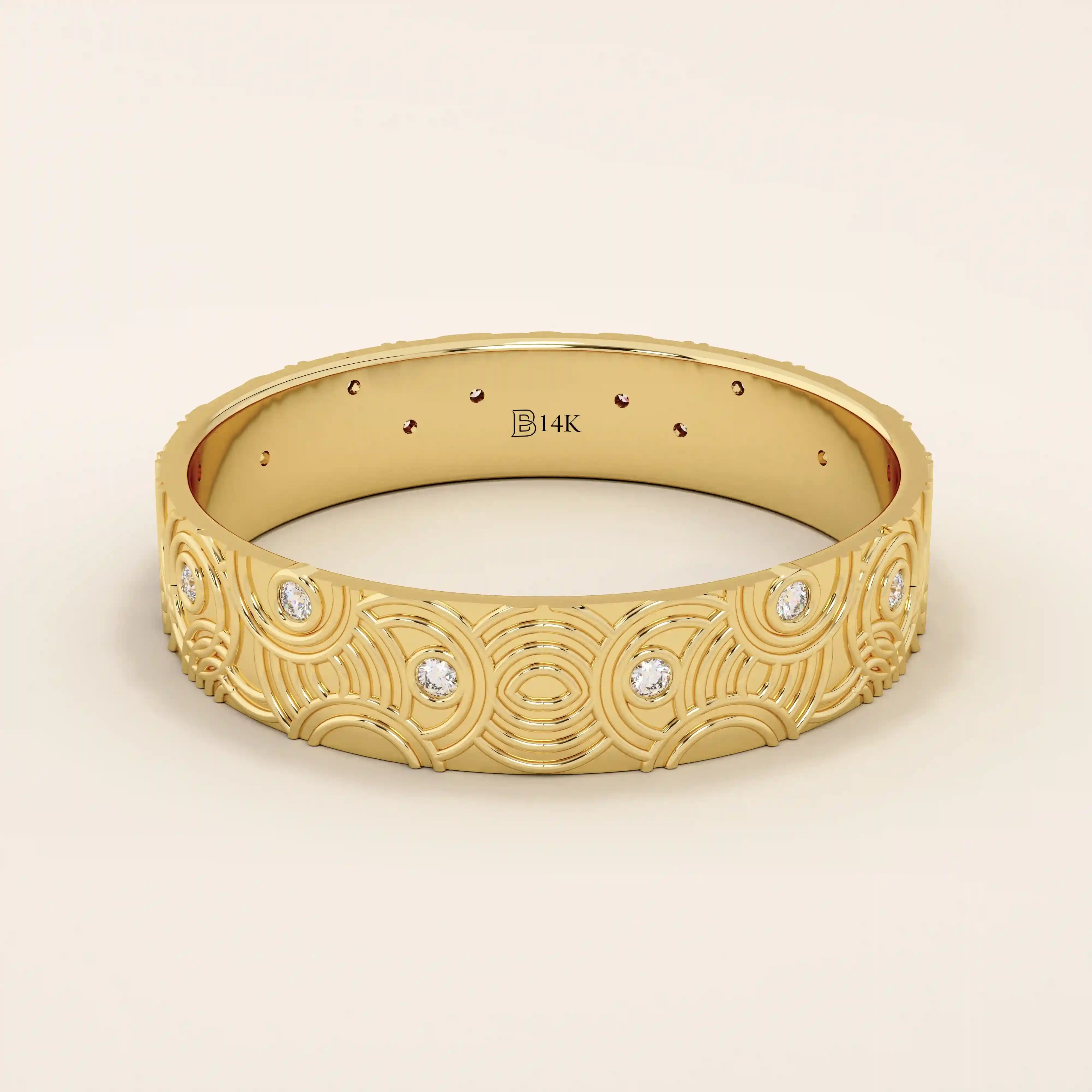 14k solid yellow gold wedding band with an intricate concentric circle pattern and bezel-set round moissanites, modern geometric design

