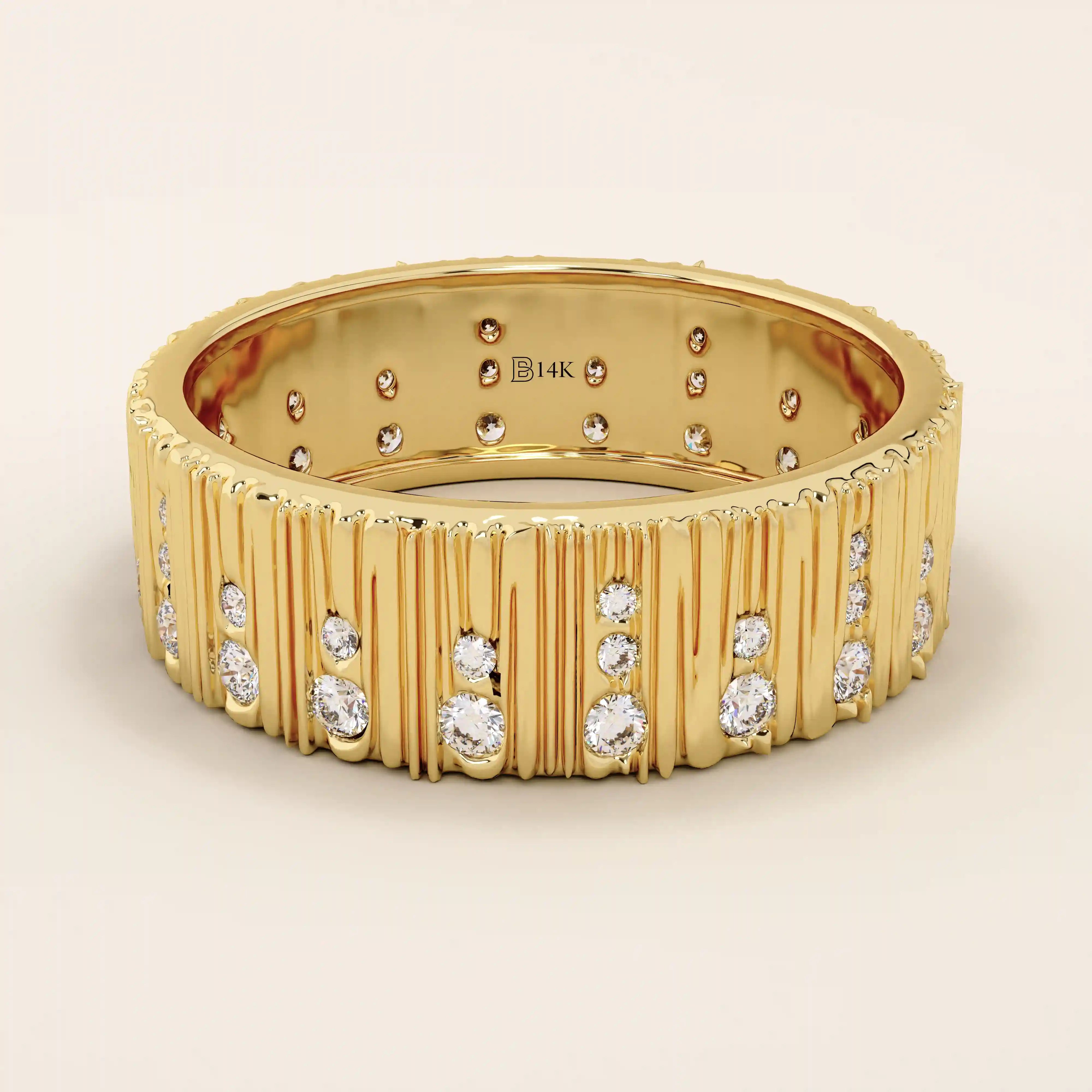 14k solid yellow gold wide wedding band featuring a wood grain texture and pavé set round brilliant cut moissanite stones in varied sizes, modern and unique fine jewelry design

