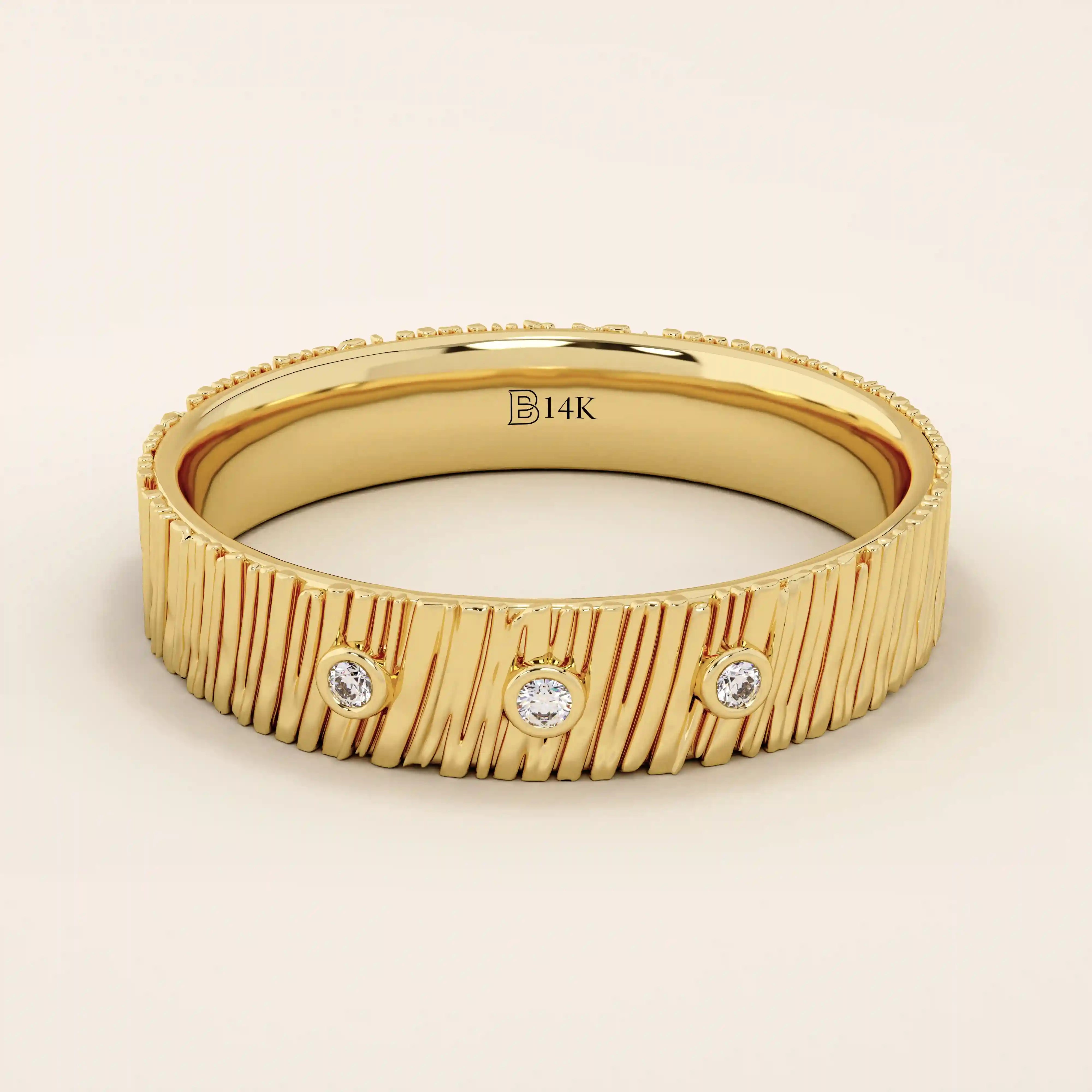 14k solid yellow gold wide wedding band featuring a wood grain texture and three bezel set round brilliant cut moissanite stones, unique fine jewelry statement ring
