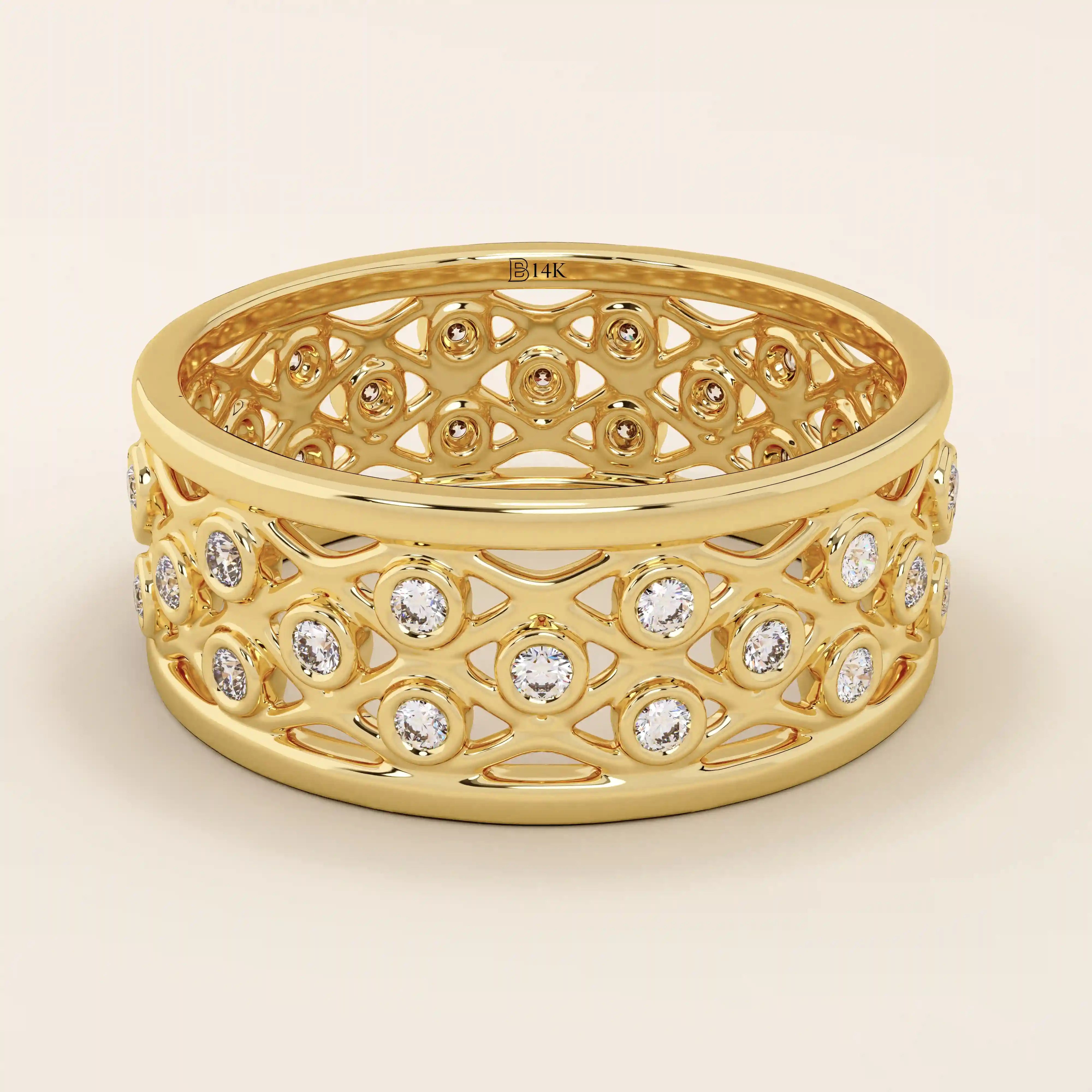 14k solid yellow gold wide wedding band with an open lattice design and bezel-set round moissanite stones in repeating pattern
