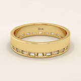 14k solid yellow gold wide wedding band with channel-set baguette-cut moissanite stones in an eternity design
