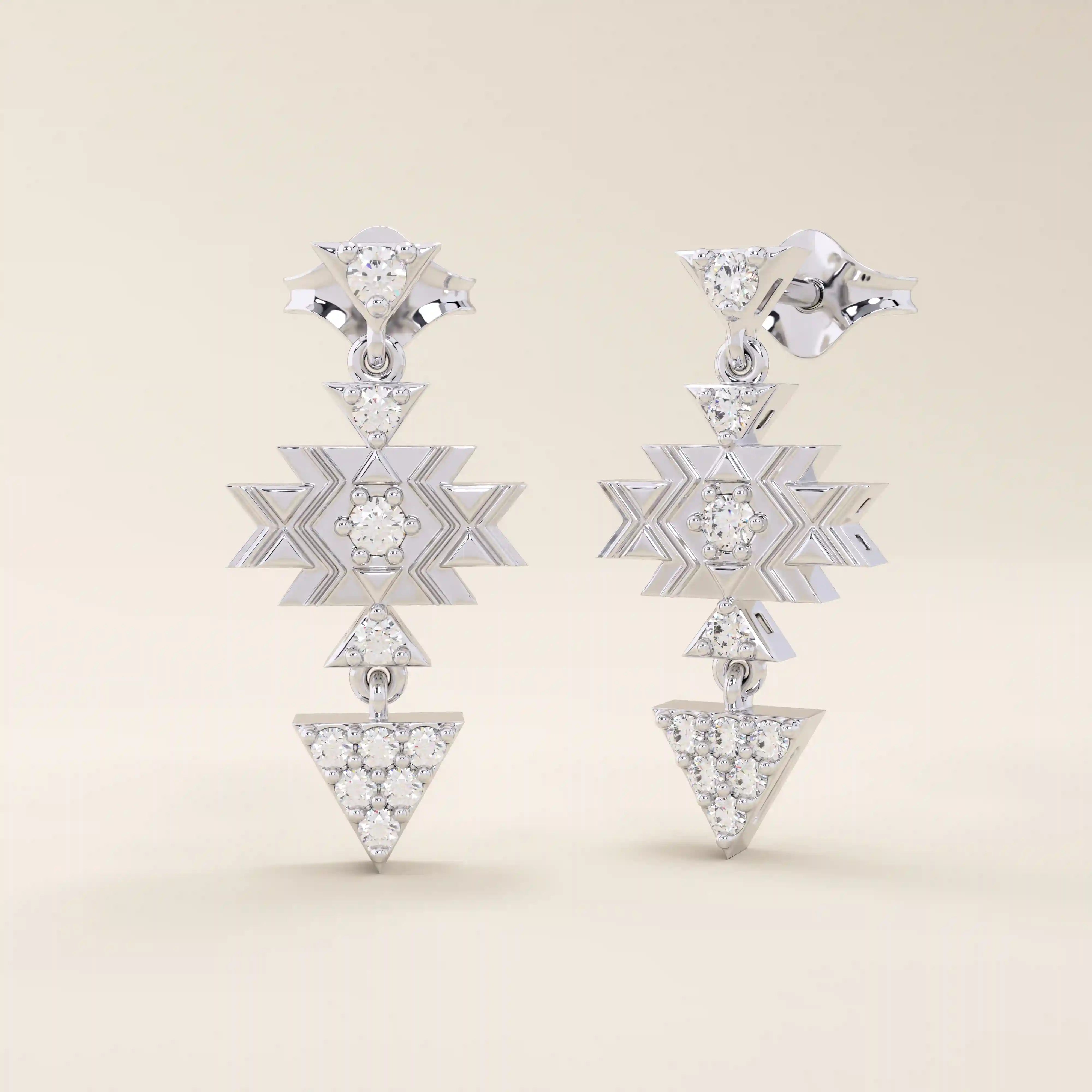 14k white gold geometric motif stud earrings with moissanite accents in star and triangle shapes, dangling design.
