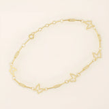 14k yellow gold bracelet featuring open butterfly charms linked with elongated chain links for a delicate look.
