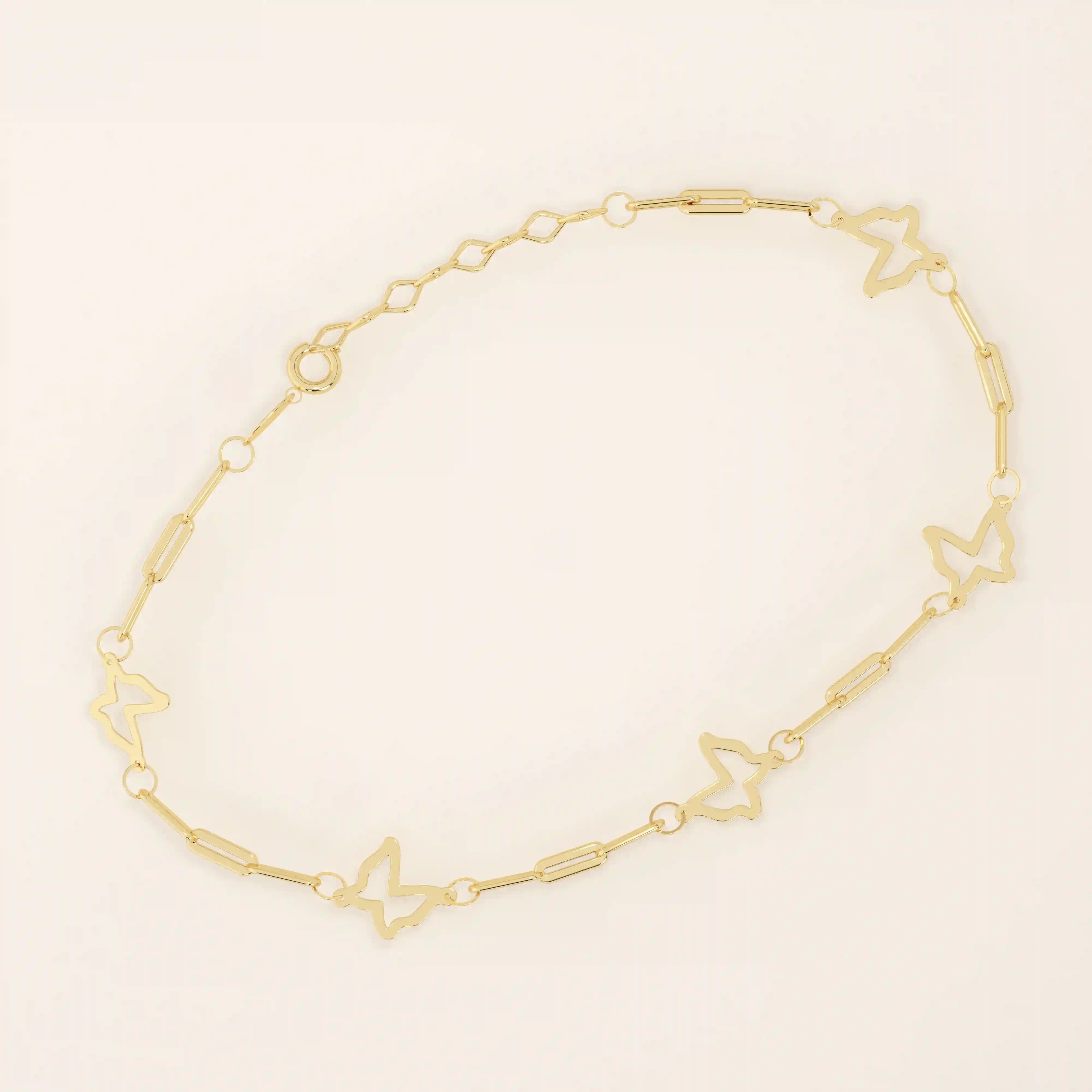 14k yellow gold bracelet featuring open butterfly charms linked with elongated chain links for a delicate look.
