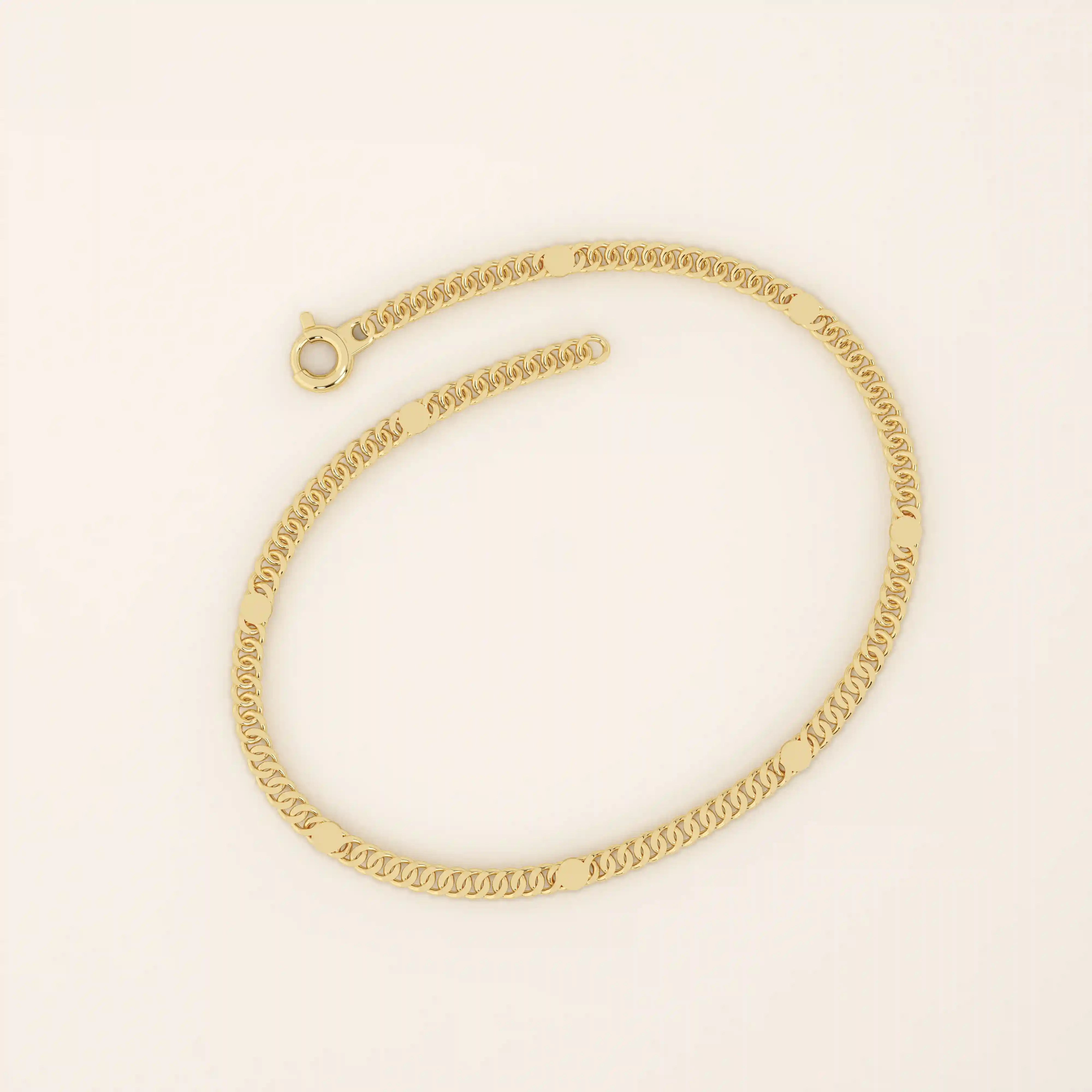 14k yellow gold bracelet with unique flat curb chain links accented by polished round discs.
